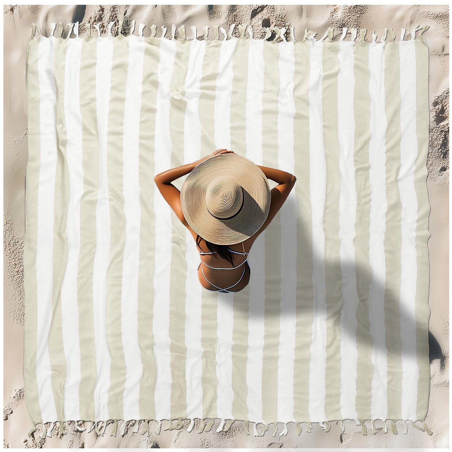 Vikumond Turkish Beach Towel Blanket,Oversized 88x82 Inch,Quick Dry,Beige