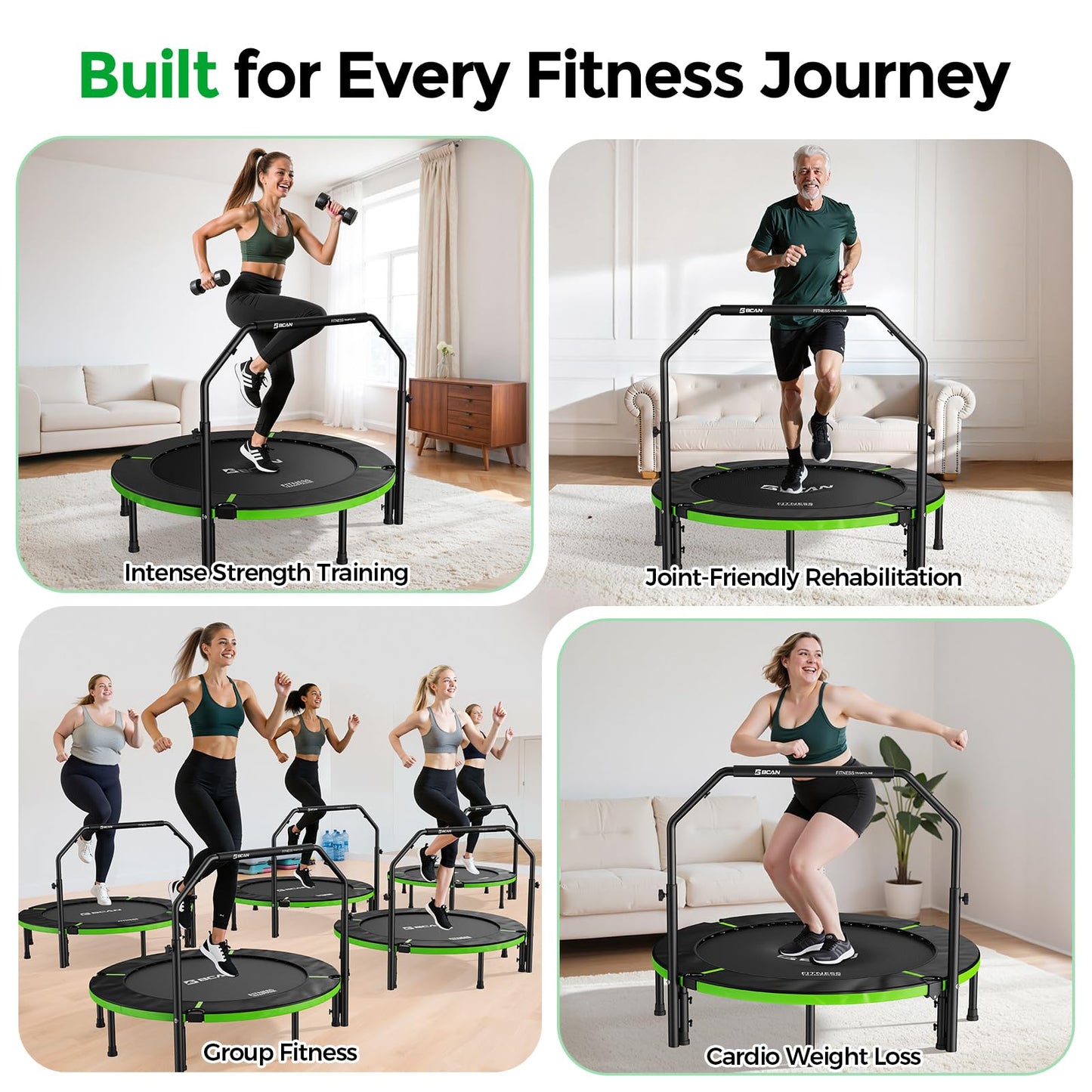 BCAN SP3 40"/48" Foldable Mini Trampoline, Rebounder Trampoline for Adults, U/T Adjustable Foam Handle, Exercise Rebounder for Adults Indoor/Garden Workout, Max Load 330lbs/440lbs-48U-Green
