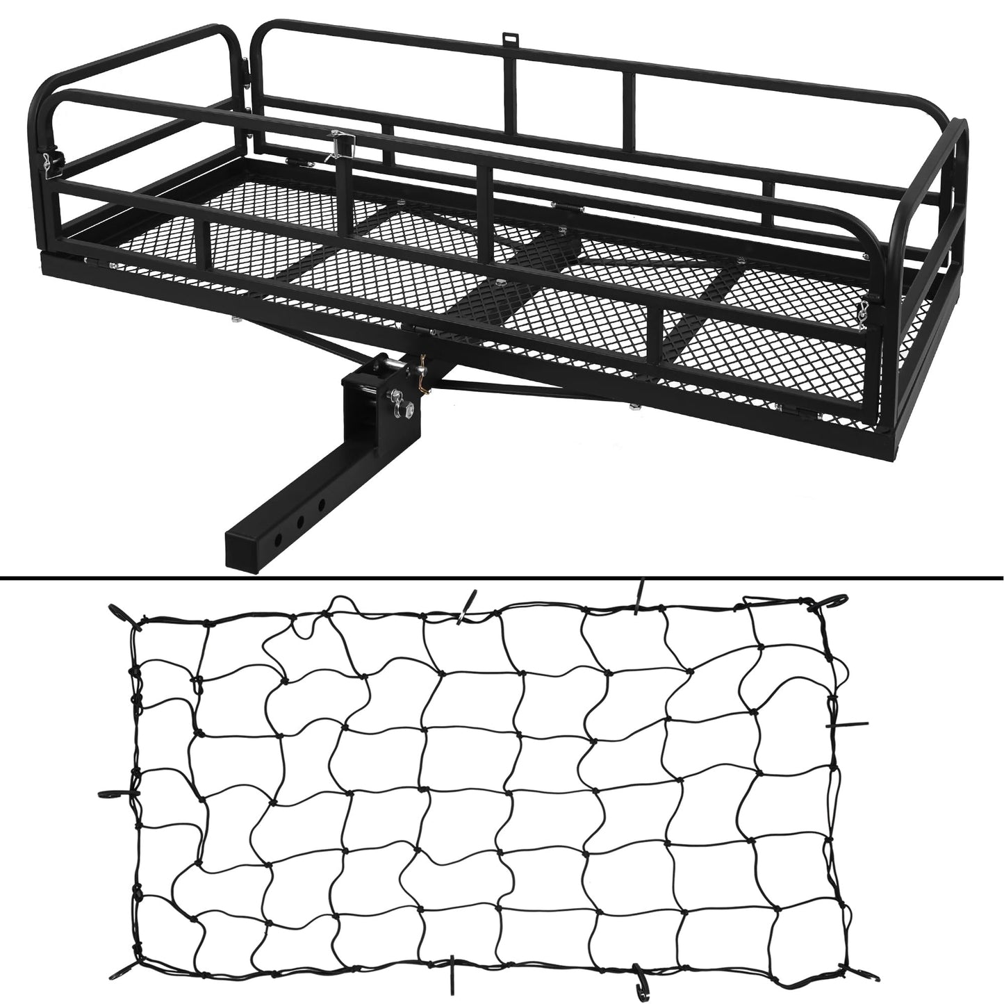 ARKSEN 60" x 25" x 14" Folding Cargo Rack Carrier with Nylon Net 500 Lbs Heavy Duty Capacity 2 Inch Receiver Luggage Basket Hitch Fold Up for SUV Pickup Camping Traveling