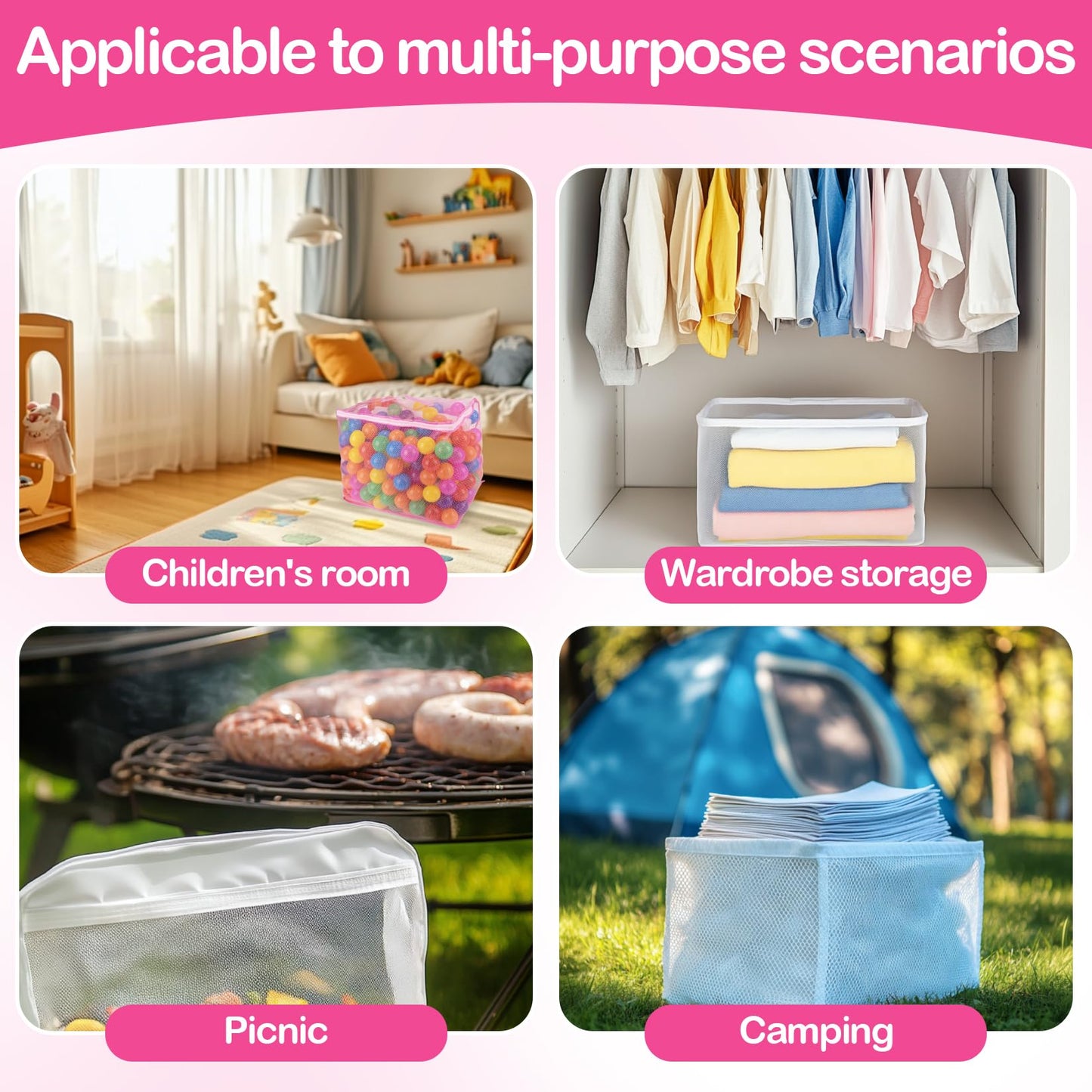 2 PCS Ball Pit Balls Bags - Storage Mesh Bag with Zipper Suitable for Storage,Sturdy and Durable,Large Size 17.7 x 11.8 x 13.7 Inches, Pink & White(Only Storage Bag,No Ball)