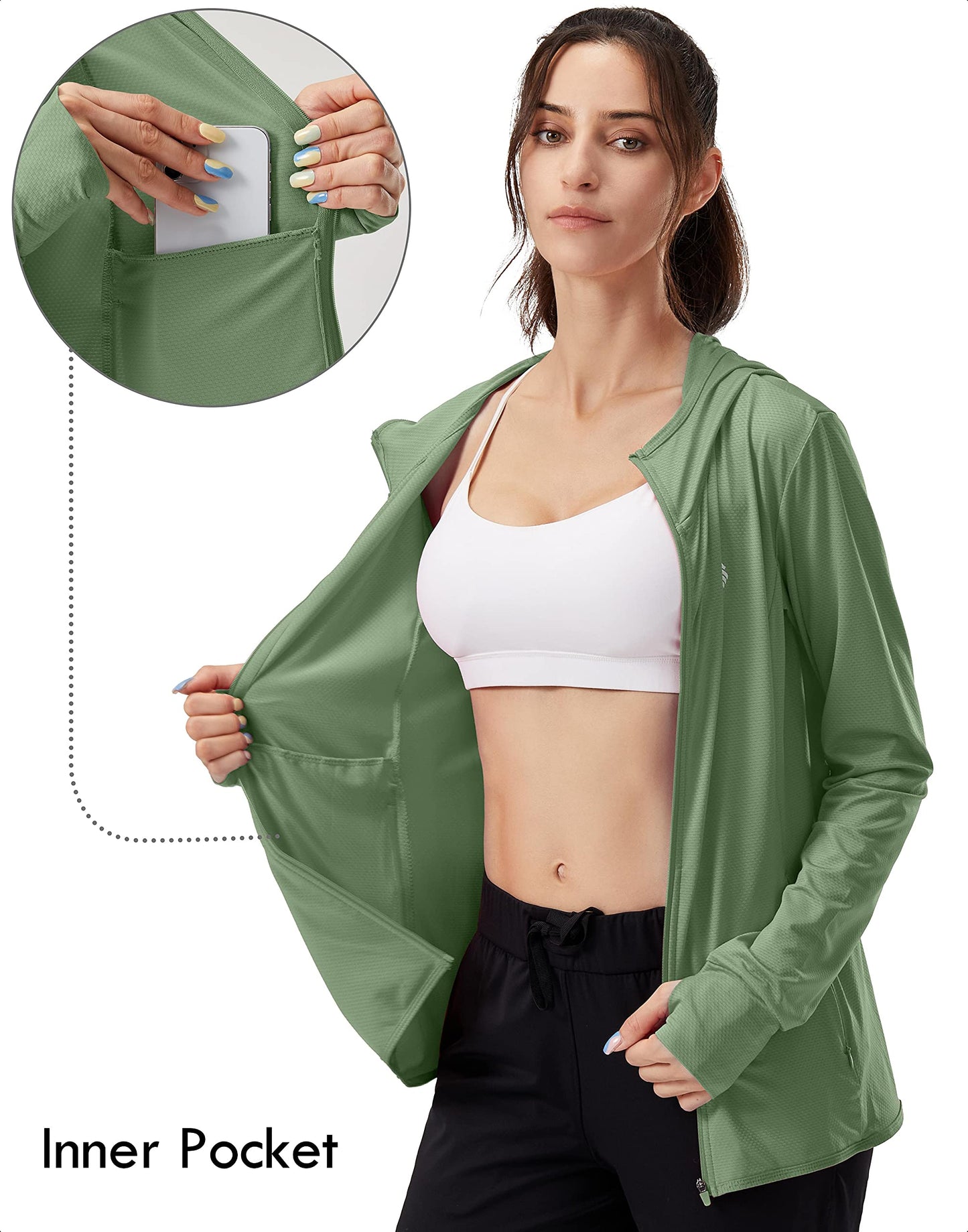 Soothfeel Women's UPF 50+ Sun Protection Hoodie Jacket Lightweight Long Sleeve Sun Shirt for Women with Pocket Hiking Outdoor C-Green
