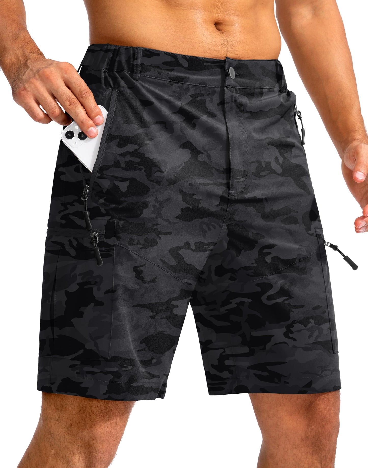Pudolla Men's Hiking Cargo Shorts 9" Lightweight Outdoor Work Shorts for Men Travel Golf Camping Casual with 5 Zipper Pockets(Black Camo 3X-Large)