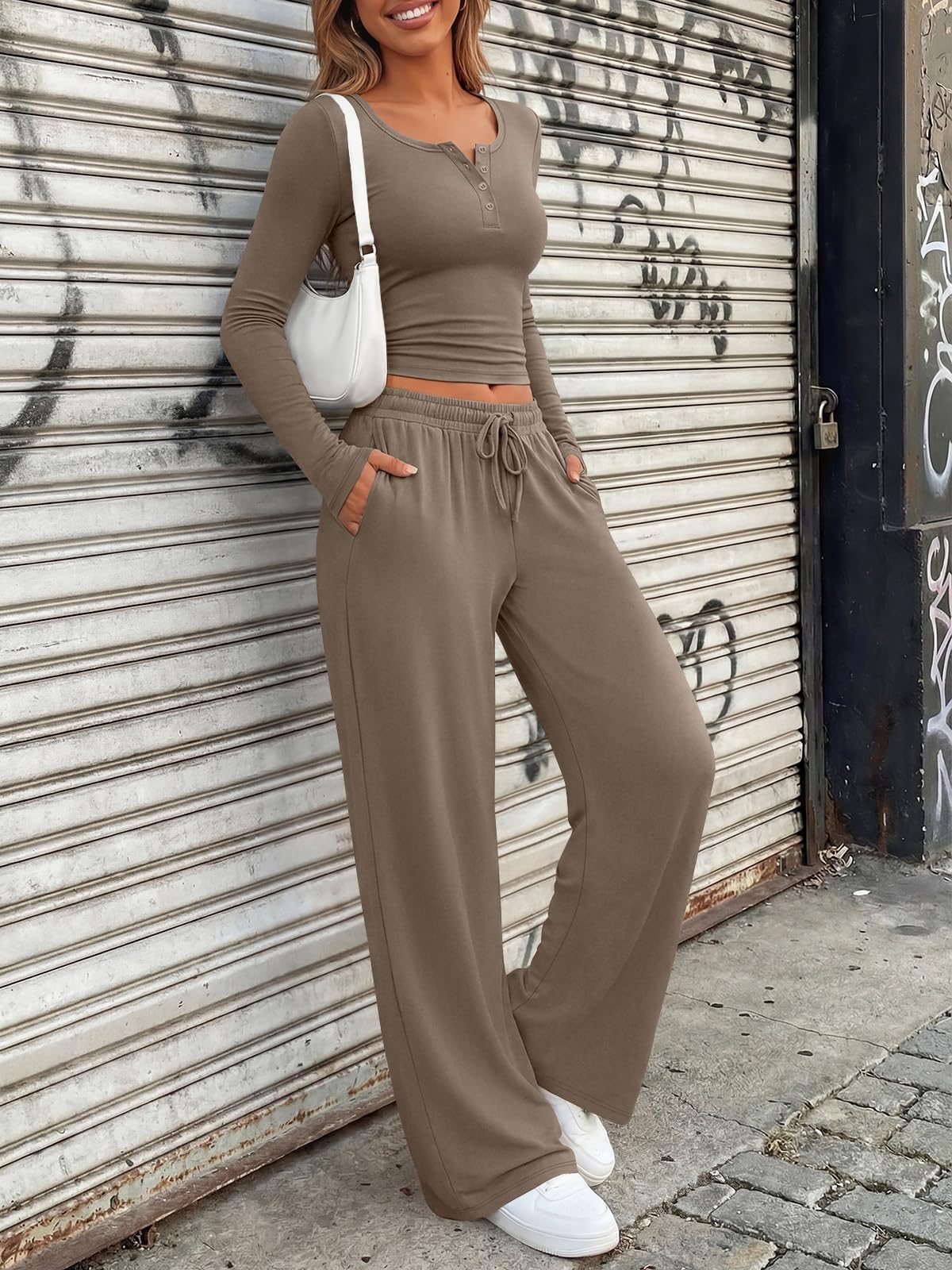Trendy Queen Women's 2 Two Piece Matching Lounge Sets 2026 Airport Travel Fall Fashion Outfits Crop Top Wide Leg Pants Sweat Suits Workout Gym Y2k Clothes Casual Sweatsuit Loungewear Winter Clothing