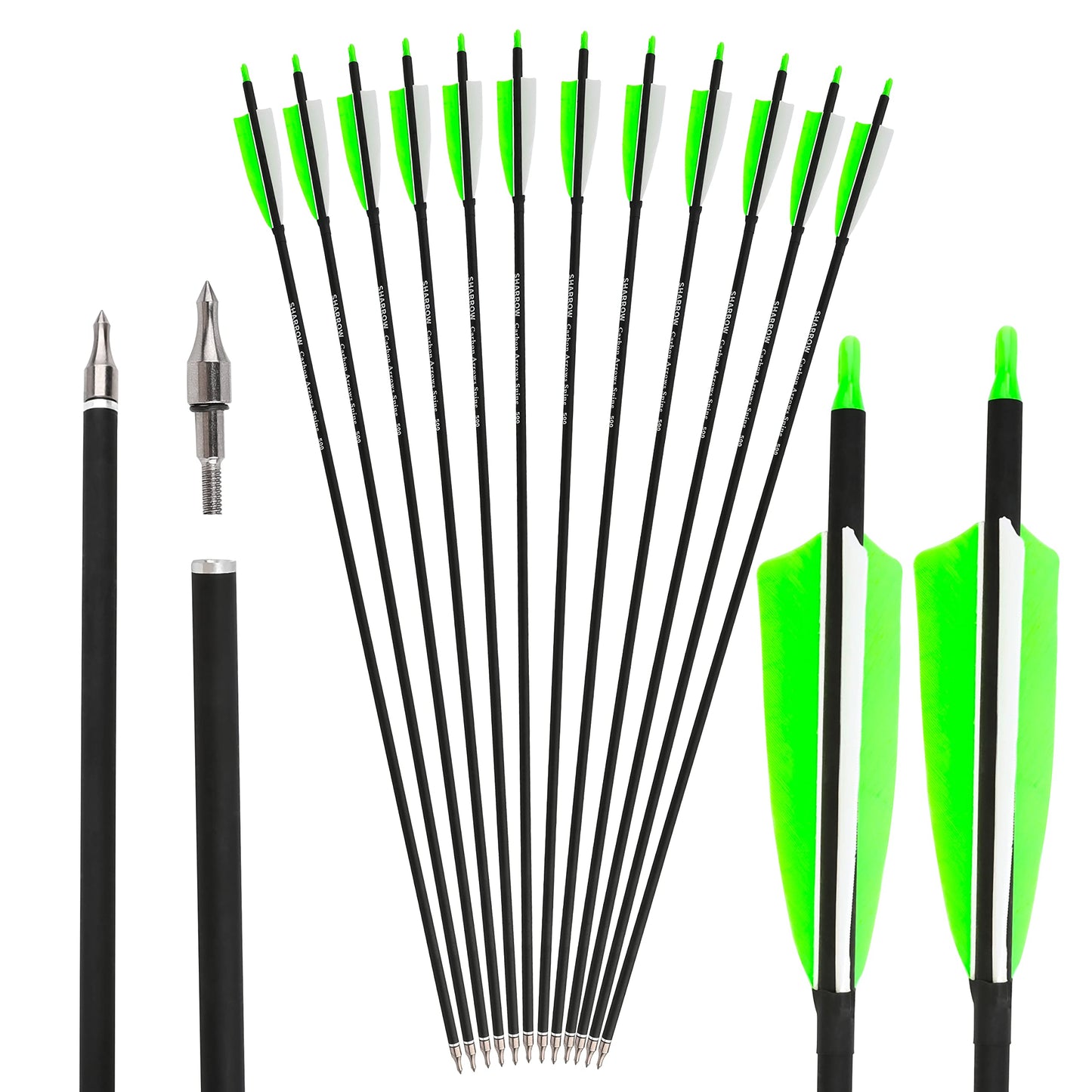 ZSHJGJR 30 Inch Archery Carbon Arrows Hunting Arrows with 4” Turkey Feather Target Practice Arrows Spine 500 for Compound & Recurve &Traditional Bow 6/12pcs (6 x Green Arrows)