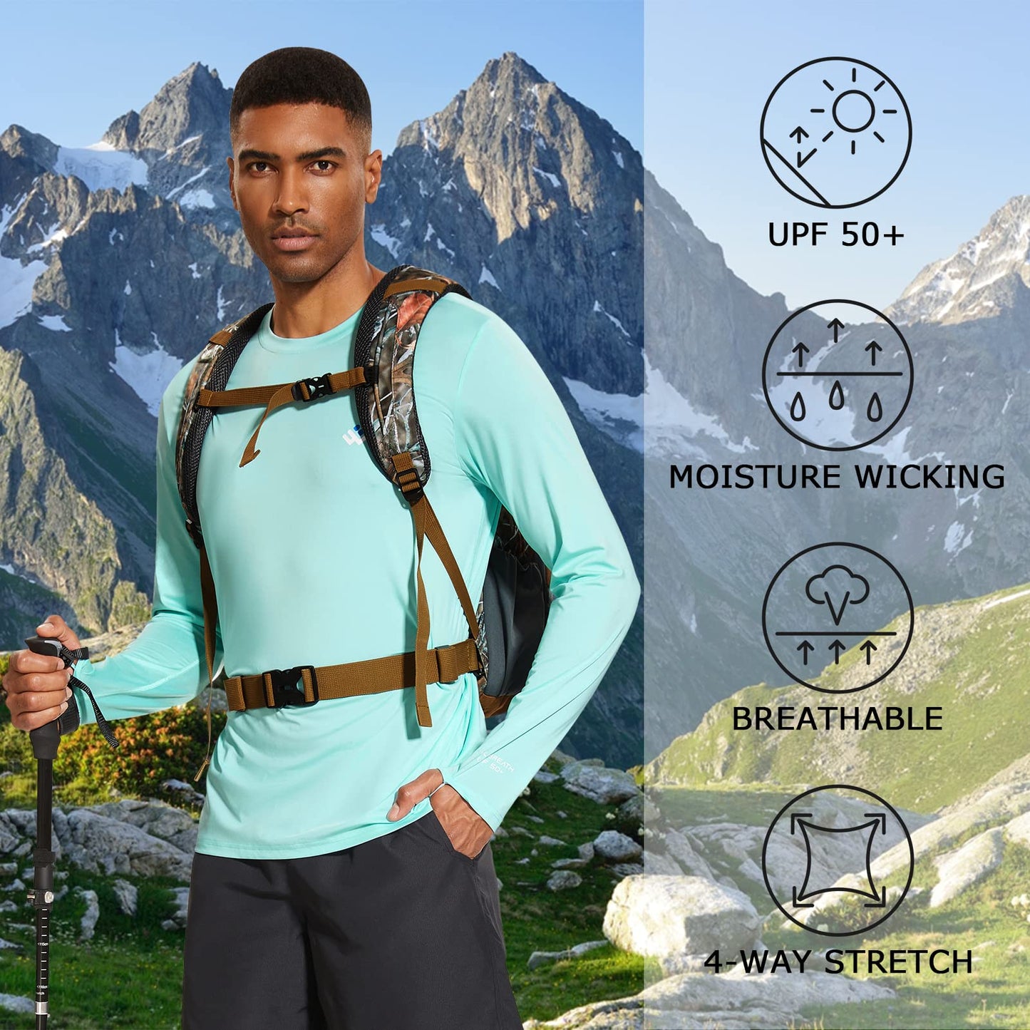 Men’s UPF 50+ Lightweight Long Sleeve Casual T-Shirt Quick Dry UV Sun Protection for Outdoor Beach Hiking Fishing Exercise Seafoam