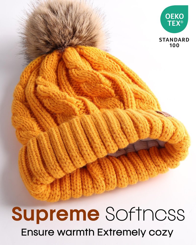 FURTALK Winter Beanie Knit Hat for Women Warm Fleece Lined with Faux Fur Pom Poms Womens Thick Ski Hats Knitted Skull Cap Orange