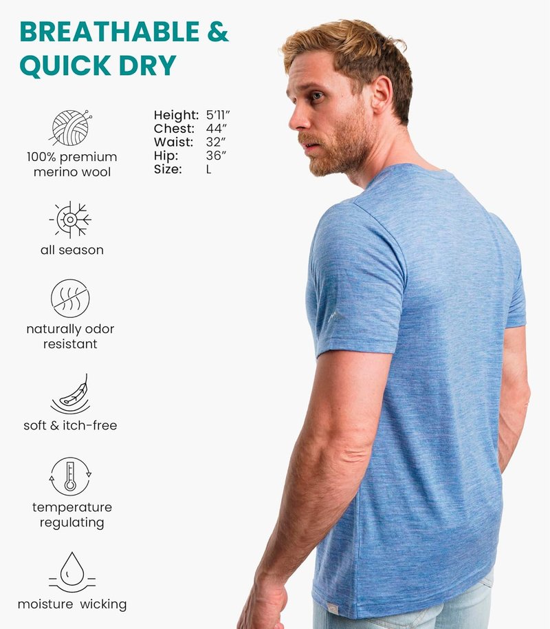 Merino Wool T-Shirt for Men - Lightweight 100% Merino Wool Base Layer | Comfortable Fit