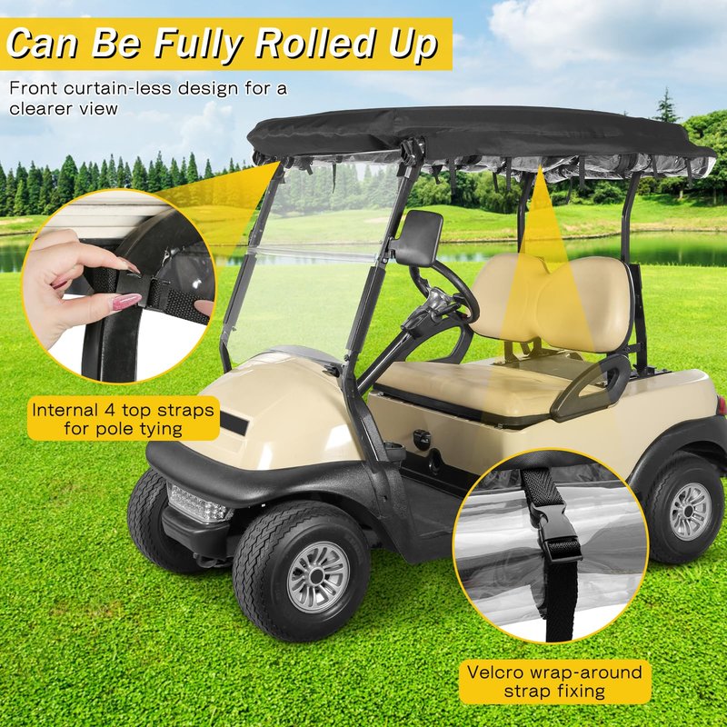 SANXIACAR Golf Cart Enclosure 2 Passenger for Club Car Precedent 2 Seater Open Front Windshield 3-Sided Clear Windows Waterproof Transparent Driving Rain Covers Roll-up Door Black (with Seat Blanket)