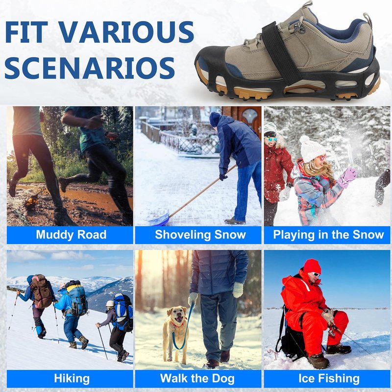 Ice Cleats, Crampons Ice Cleats for Shoes and Boots Men Women Kids, Anti Slip 28 Shoe Spikes for Snow and Ice, Non Slip Snow Cleats with Straps for Winter Walking Hiking Fishing