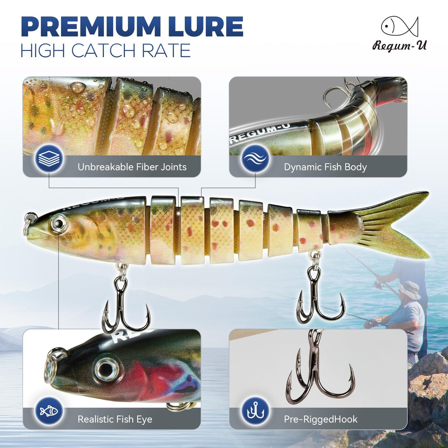 Regum-U Crown Fishing Lures 8 Segment Realistic Swimbait with 3D Eyes Vibrating Actions,Smooth Lifelike Swimming for More Bites,Reinforced Fiber Joint