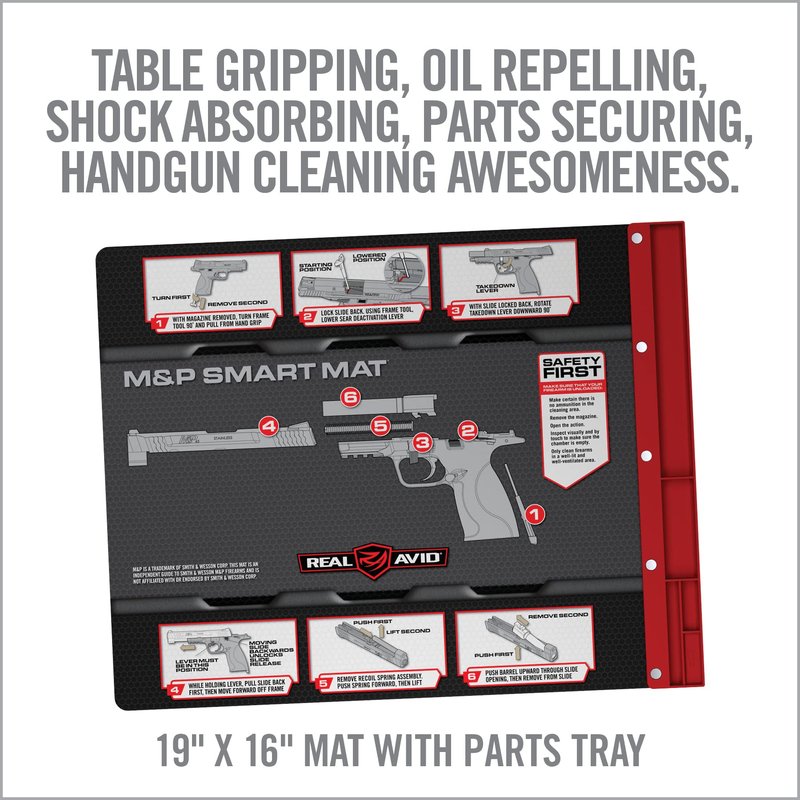 Real Avid Gun Cleaning Mat for Smith & Wesson M&P Handgun with Magnetic Organizer Parts Tray - 19x16 | Protective Workbench Mat for M&P Pistol Cleaning, Gun Cleaning Pad with Red Tray for Gun Parts