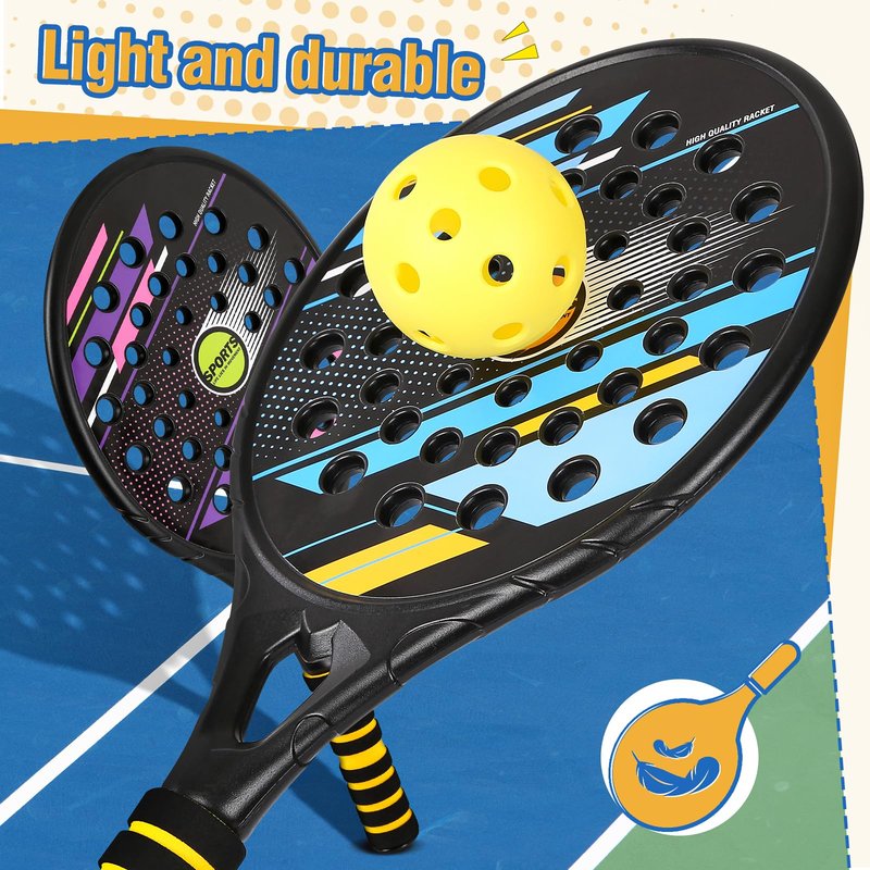Kids Beach Pickle Ball Set - Waterproof Tennis Racket with Air Hole Beach Toys for Kids and Adults Family, 2 Set of Beach Tennis Paddle with 3 Pack Premium Pickleball Balls Gifts for Girls Boys