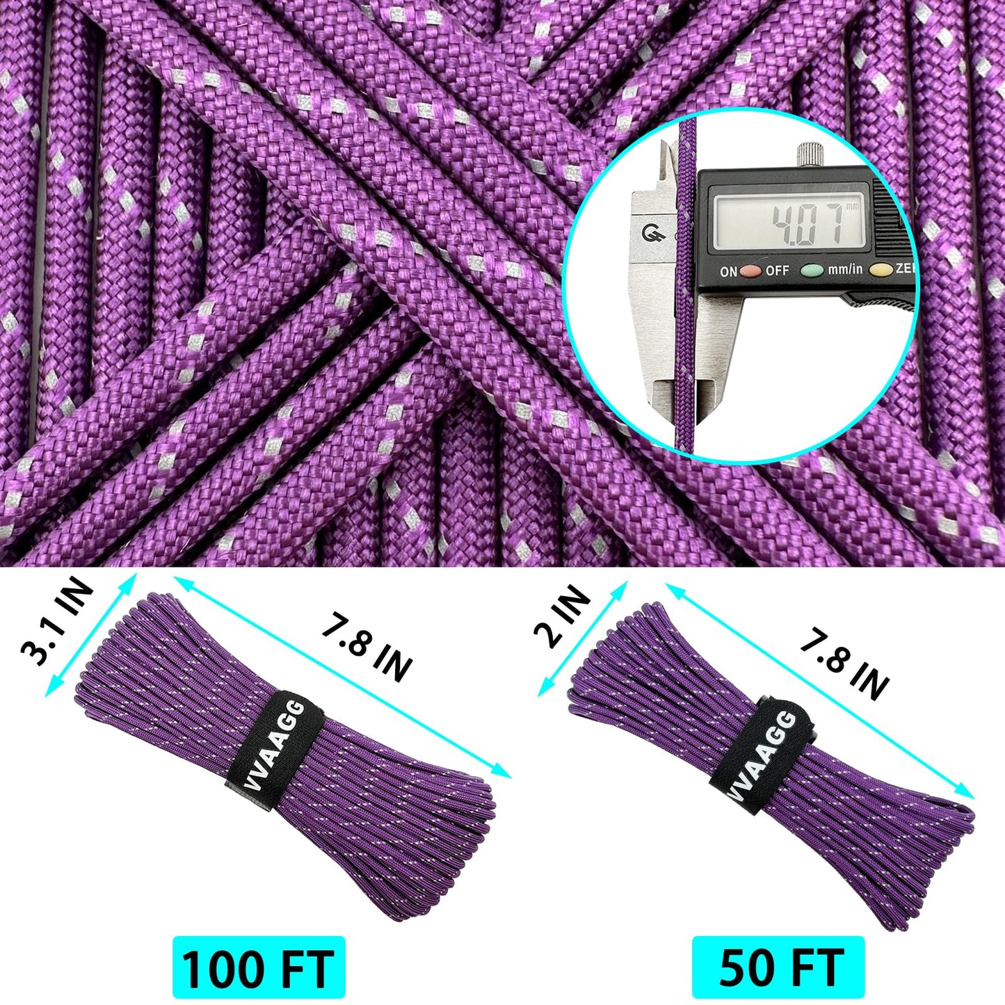 VVAAGG Reflective Paracord Rope 100FT, 7 Strand Nylon para Cord Lanyard Utility 550 Parachute Cord, 4mm Thin Tent Rope for Outdoor Camping Hiking (Purple)