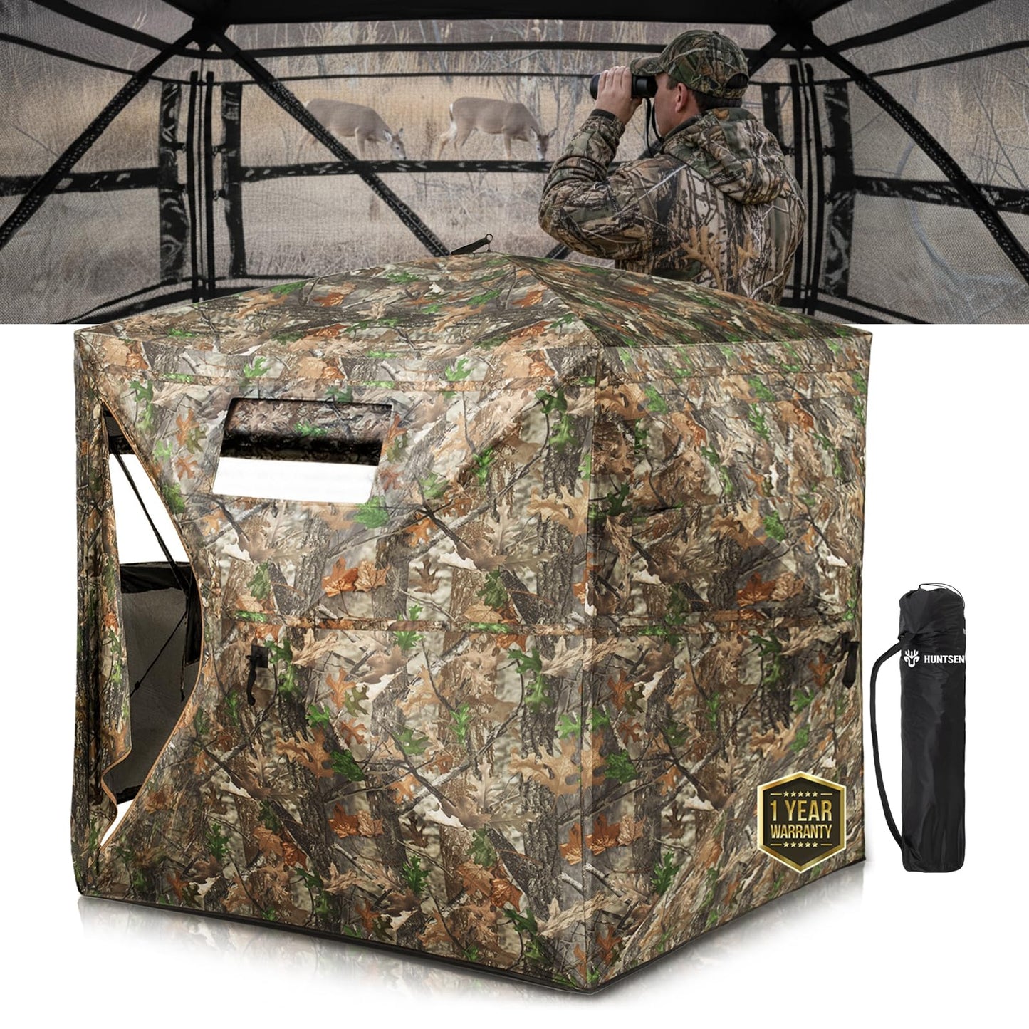 HUNTSEN Hunting Blind 270° See Through 2-3 Person Ground Blind Pop Up Hunting Tent with Carring Bag - Portable Durable for Turkey and Deer Tent