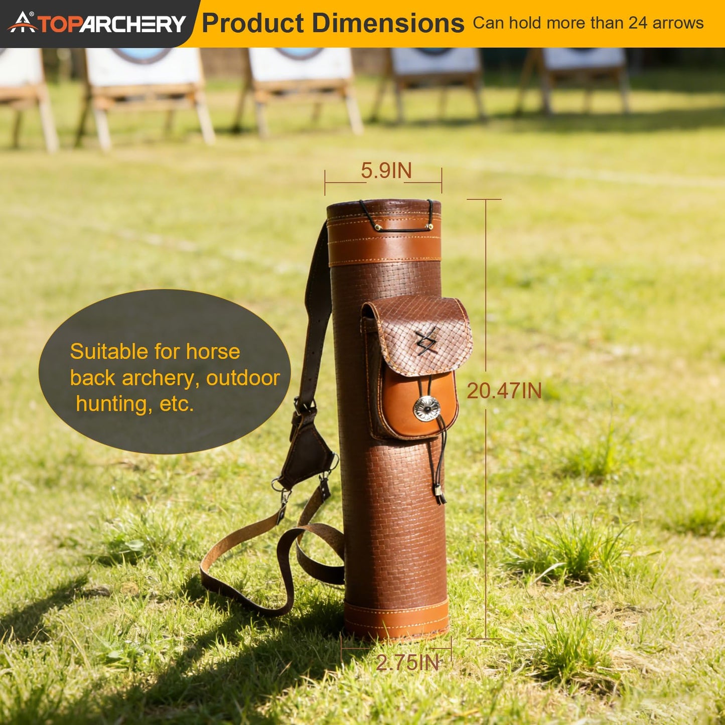 TOPARCHERY Traditional Shoulder Back Quiver Bow Leather Arrow Holder with Large Pouch Handmade Straps Belt Bag Brown