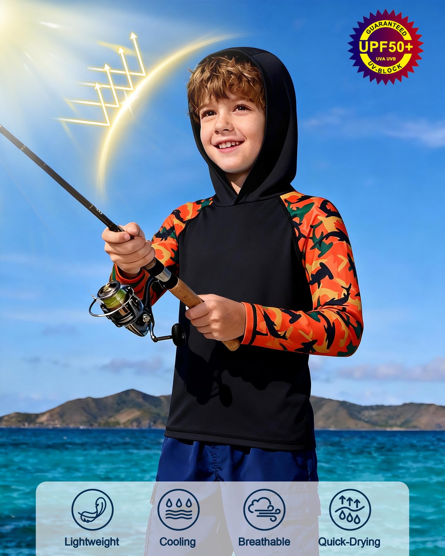 DRONIRING Boys Rash Guard Swim Hoodie, UPF 50+ UV Sun Protection Long Sleeve Fishing Shirt, Kids Youth SPF Water Shirts