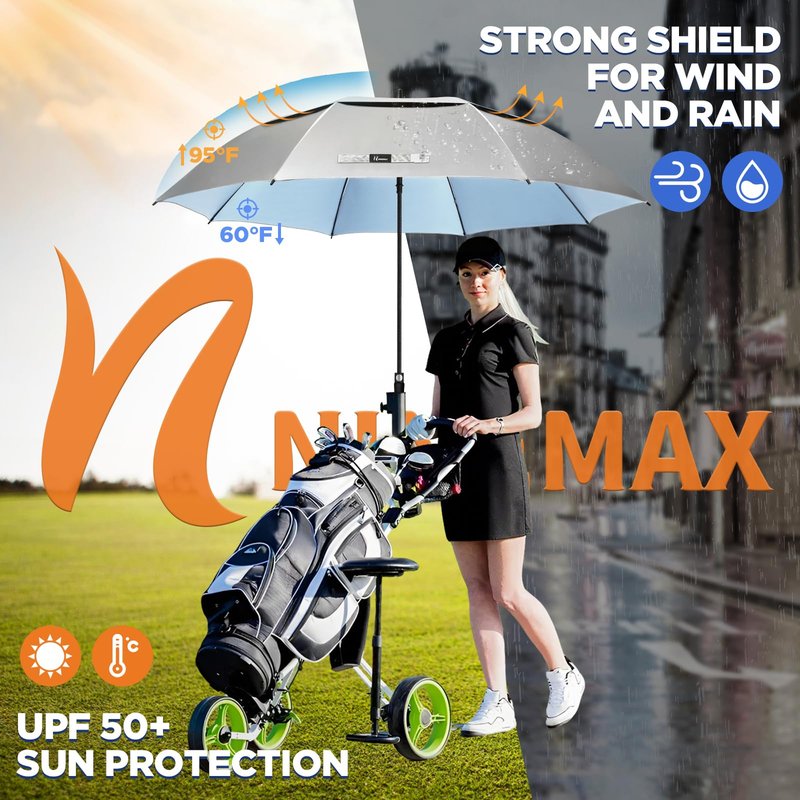 NINEMAX UV Potection Golf Umbrella, 62 Inch UV Umbrellas for Sun Blocking Large Windproof for Rain (Sliver Light Blue)