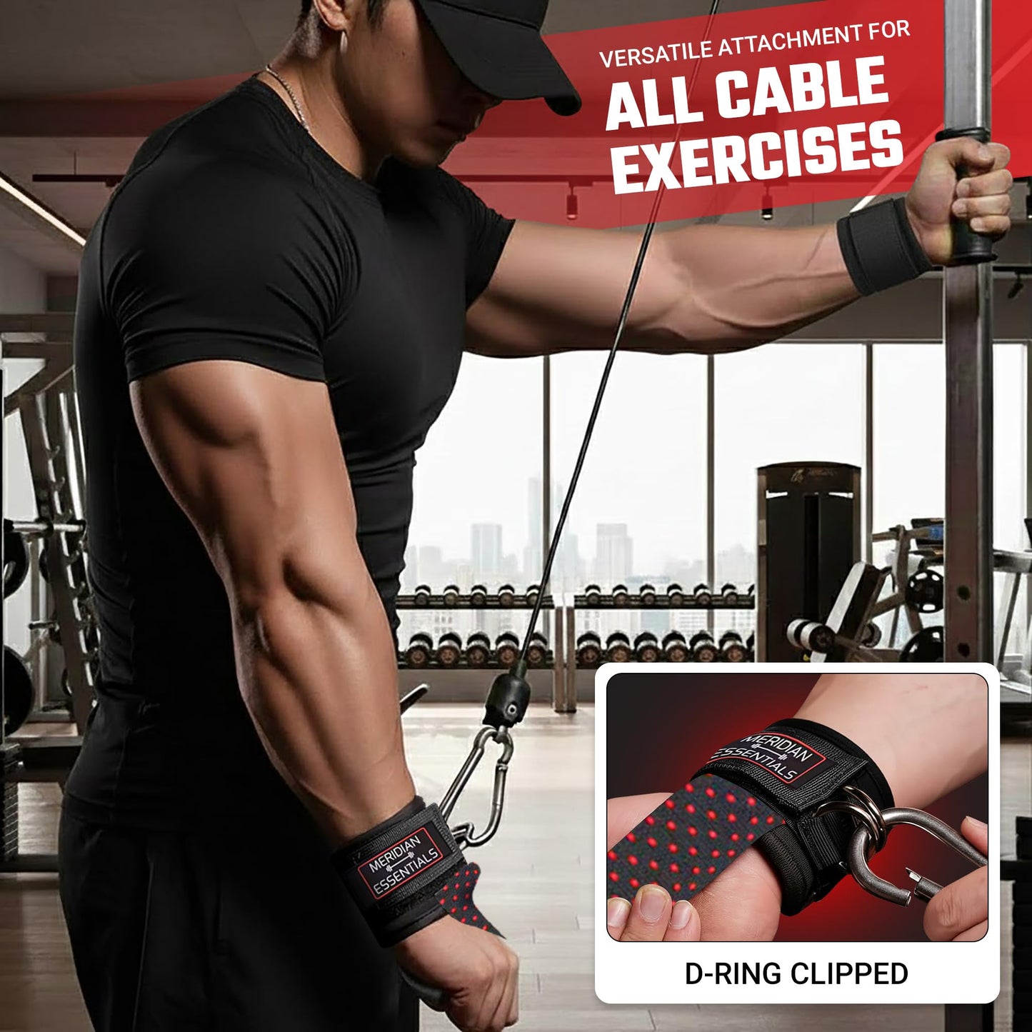 Meridian Essentials Weightlifting Straps with D-Ring – Heavy-Duty Lifting Straps with Cable Attachment, Neoprene Wrist Padding & Non-Slip Grip for Deadlifts, Rows, Cable Workouts & Pull Exercises - Black