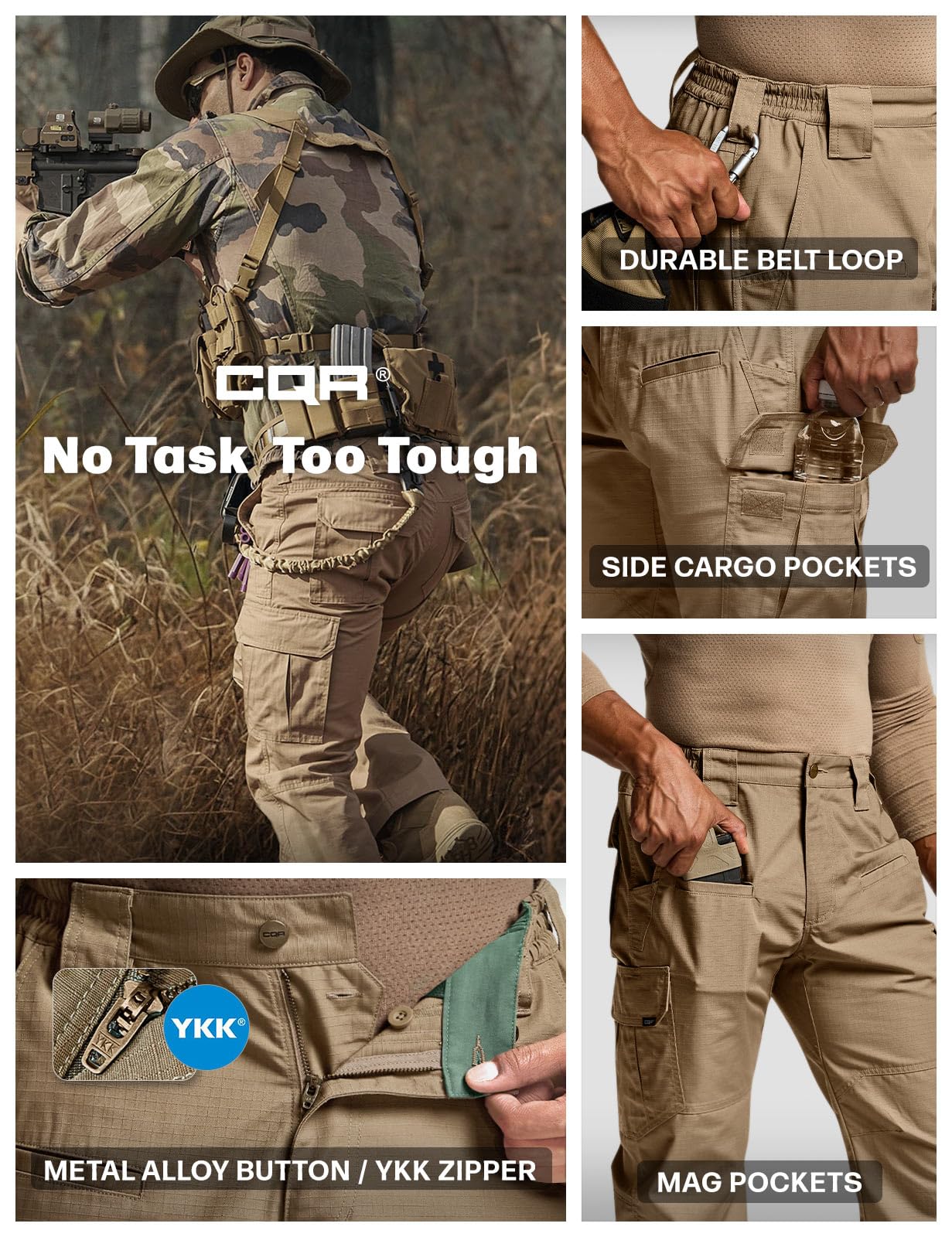 CQR Men's Tactical Pants, Water Resistant Ripstop Cargo Pants, Lightweight EDC Work Hiking Pants, Outdoor Apparel, Raider Cougar, 30W x 32L