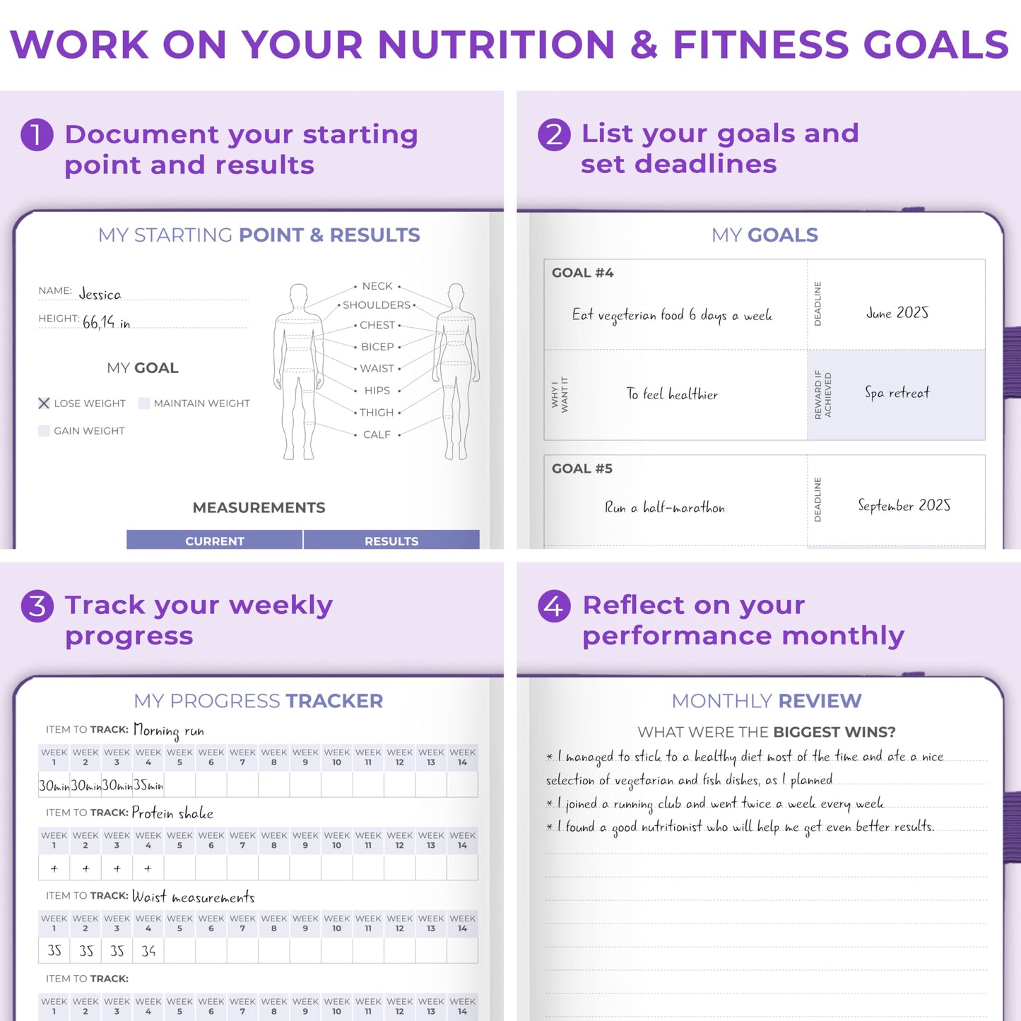 Clever Fox Fitness & Food Journal Pocket – Nutrition & Workout Planner for Women & Men – Diet & Gym Exercise Log Book with Calendars, Diet & Training Trackers – Lasts 3 Months, 4.3x5.5” (Purple)