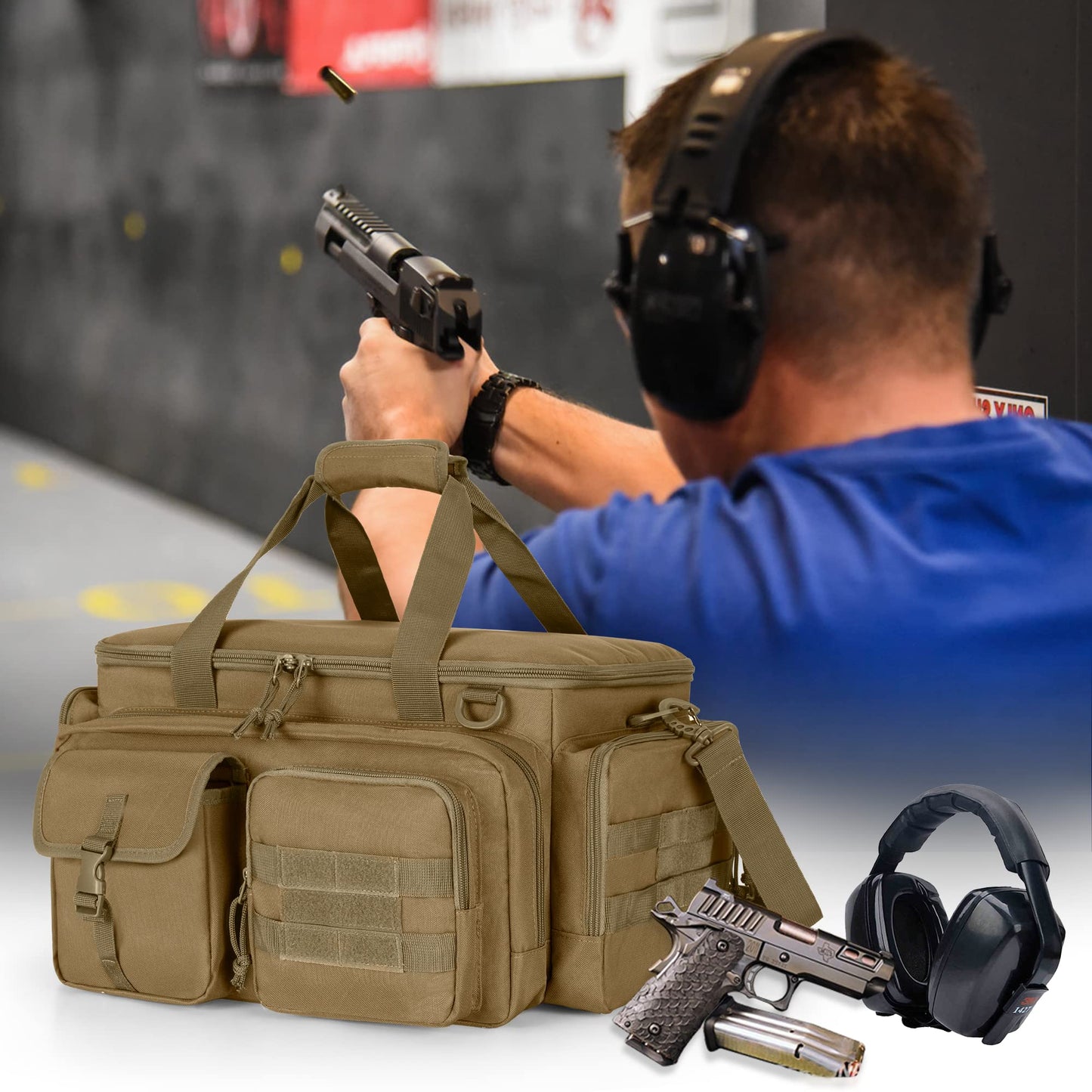 DSLEAF Tactical Pistol Range Bag with 4 Pistol Cases, Padded Gun Duffle Range Bag with 16X Magazine Slots and Extra Pockets for Ammo and Essentials (Patent Design)