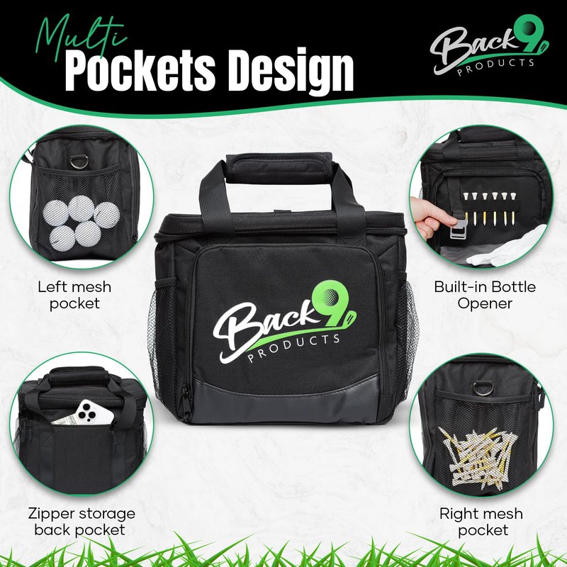 Back9Products Golf Cart Cooler Bag with Magnetic Lid - 12 Can Soft Sided Insulated Cooler, Leakproof & Waterproof - Portable Cooler - Push Carts, Work, Camping, Travel, Men & Womens Gifts (Black)