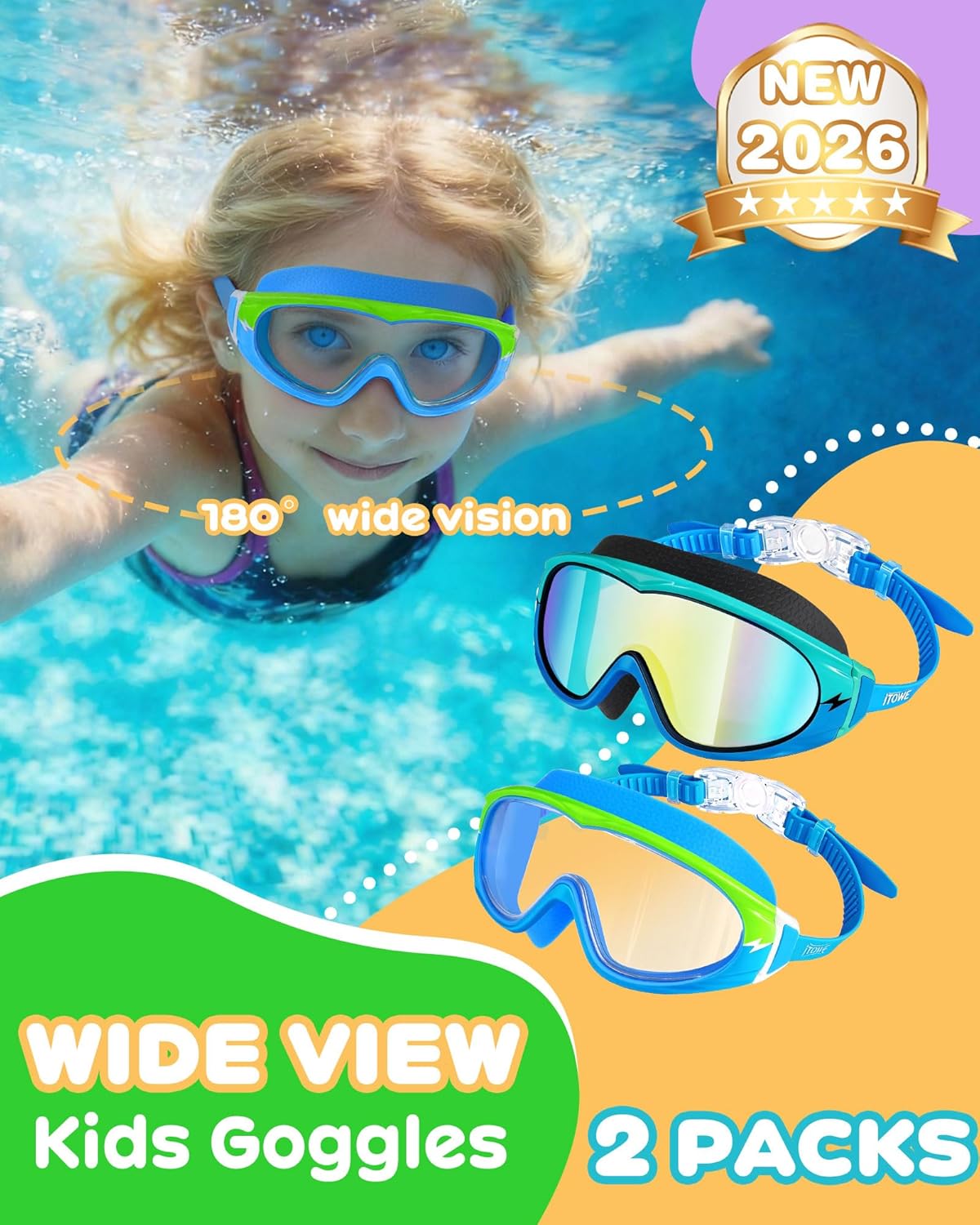 Wide View Swimming Goggles for Kids - Anti-Fog & UV Protection | 2 Pack, No Leak Design, Ages 5-15