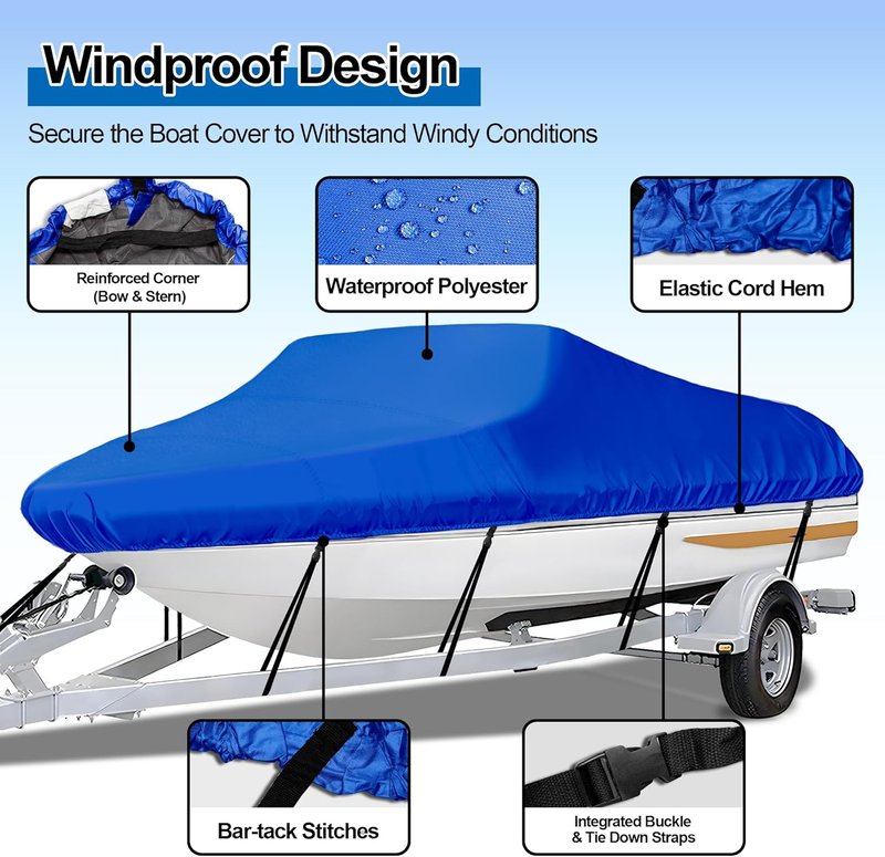 Trailerable Boat Cover - Heavy Duty Waterproof Tarp for V-Hull & Fishing Boats | Fits 14'-16' Long, 68" Wide