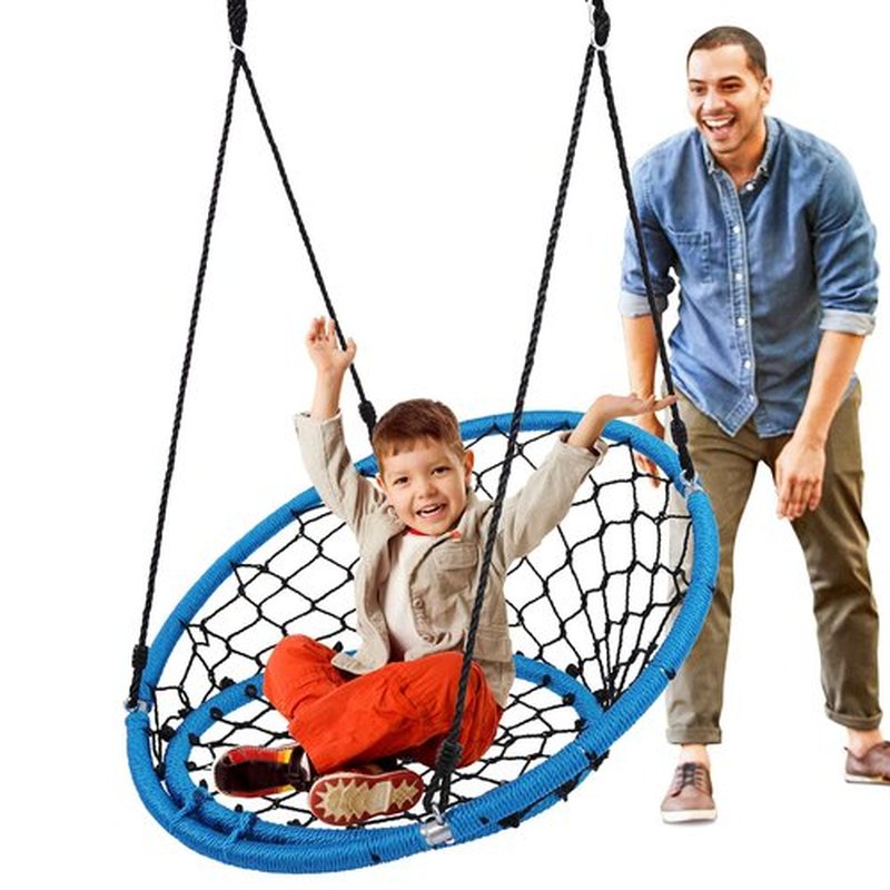 Serenelife Hanging Netted Seat Swing - 35.5" Diameter Kids Indoor Outdoor Round Circle Saucer for Trees or Sets - All-Season UV Resistant Rope Net Seat
