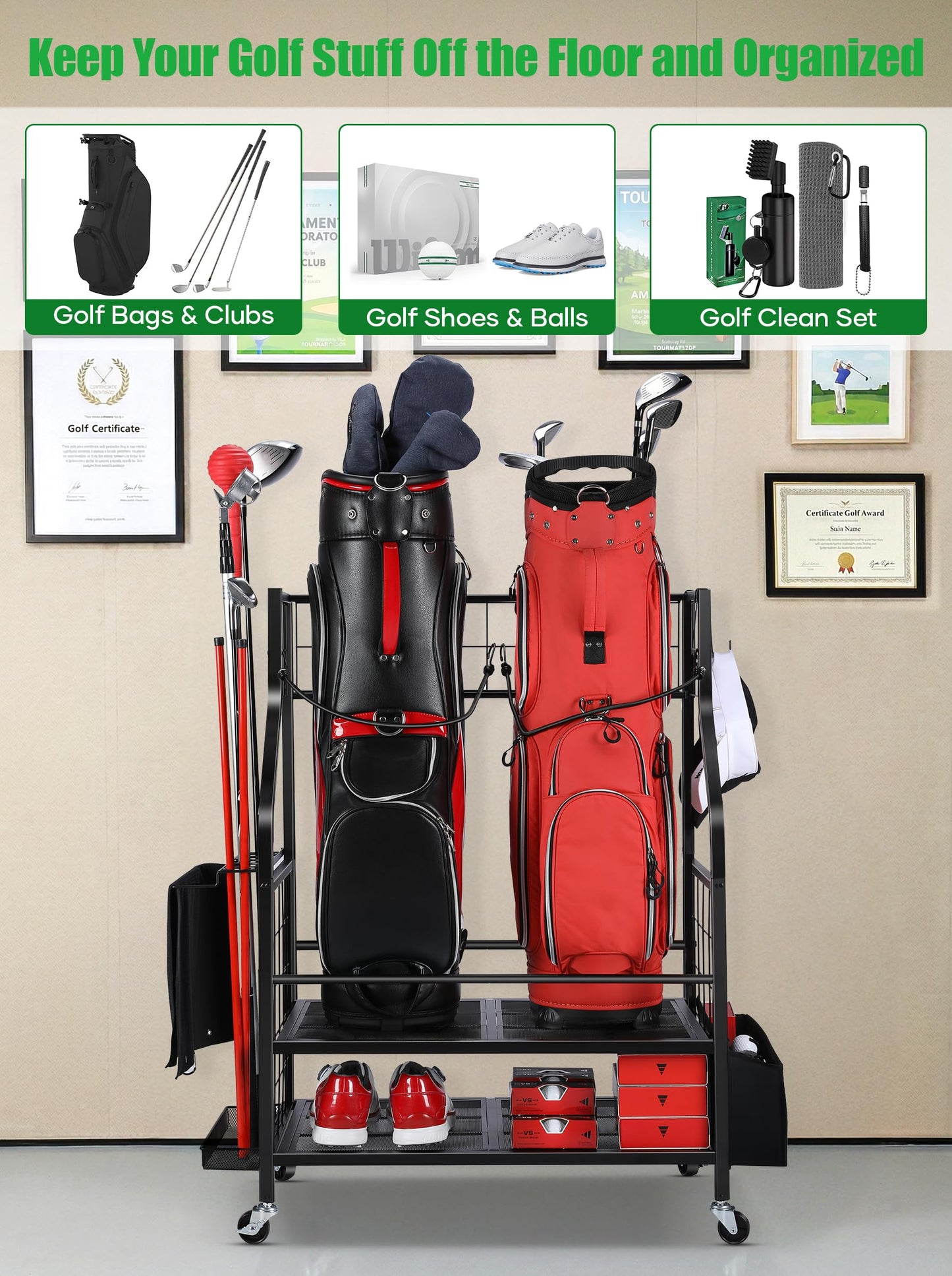 FHXZH Golf Bag Storage Garage Organizer - Golf Bag Stand Fit for 2 Bag, Extra Clubs, Balls, Shoes, and Golf Equipment Accessories, Golf Storage Rack for Garage, Club, Shed (2 Golf Bag Rack)