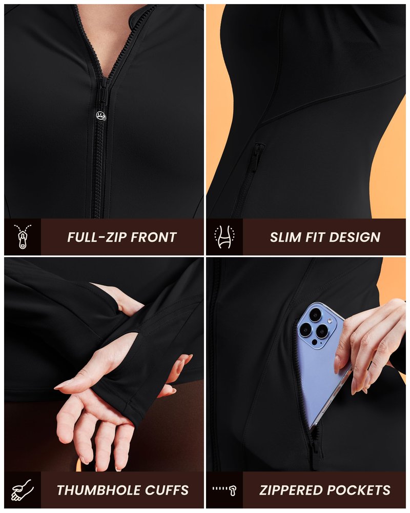 QUEENIEKE Workout Jackets for Woman Zip Up Long Sleeve Slim Fit Athletic Gym Tops Running Jacket with Thumb Holes (Black, Medium)