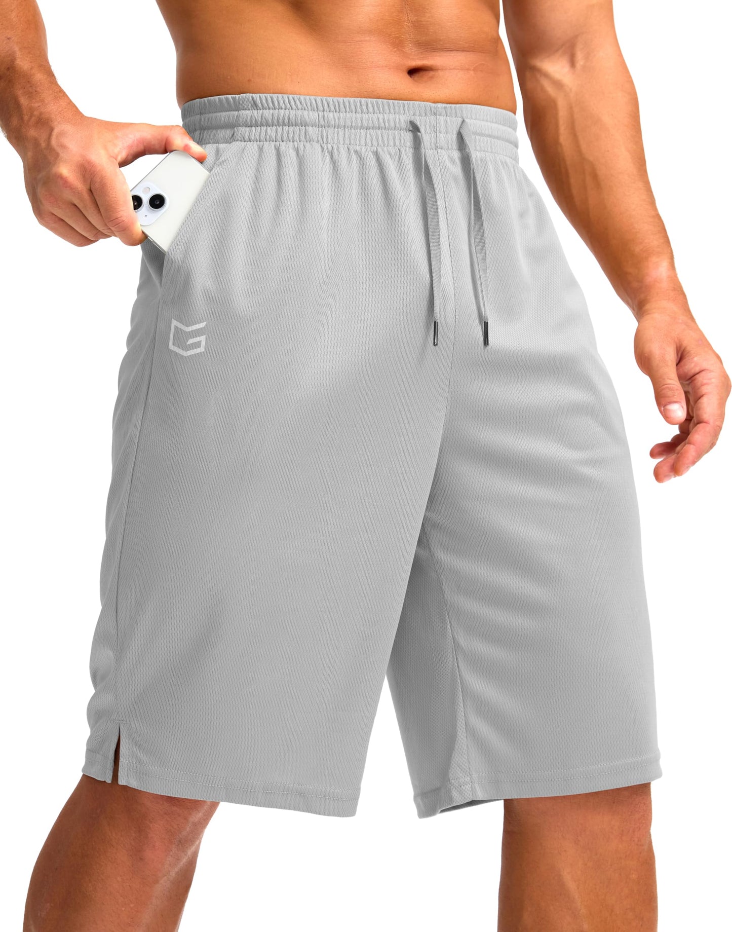 G Gradual Men's Athletic Shorts with Pockets 11" Long Basketball Shorts Lightweight Quick Dry Gym Workout Shorts for Men(Light Gray,L)