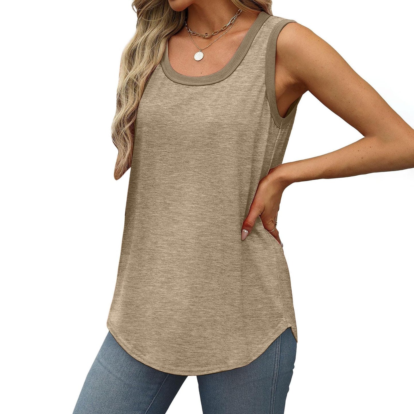 Borniu Womens Tank Tops Summer Loose Sleeveless Tops Scoop Neck Curved Hem Casual Flowy Shirt 2024 Outfits Clothes Khaki