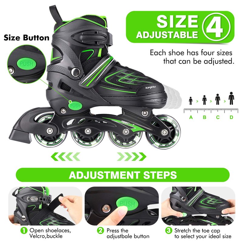 KAQINU Adjustable Inline Skates, Outdoor Inline Skates Roller with Full Illuminating Wheels for Women, Kids, Girls and Boys (Green, S)