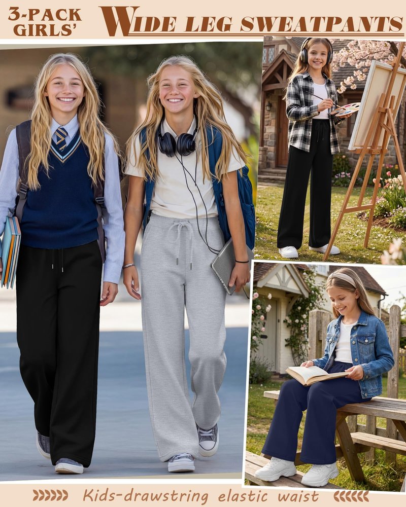 LessonZoo 3 Pack Girls Wide Leg Sweatpants Kids Drawstring High Waist Baggy Pants Teen Athletic Trousers with Pockets(Navy Blue, Light Gray, Black,13-14 Years)