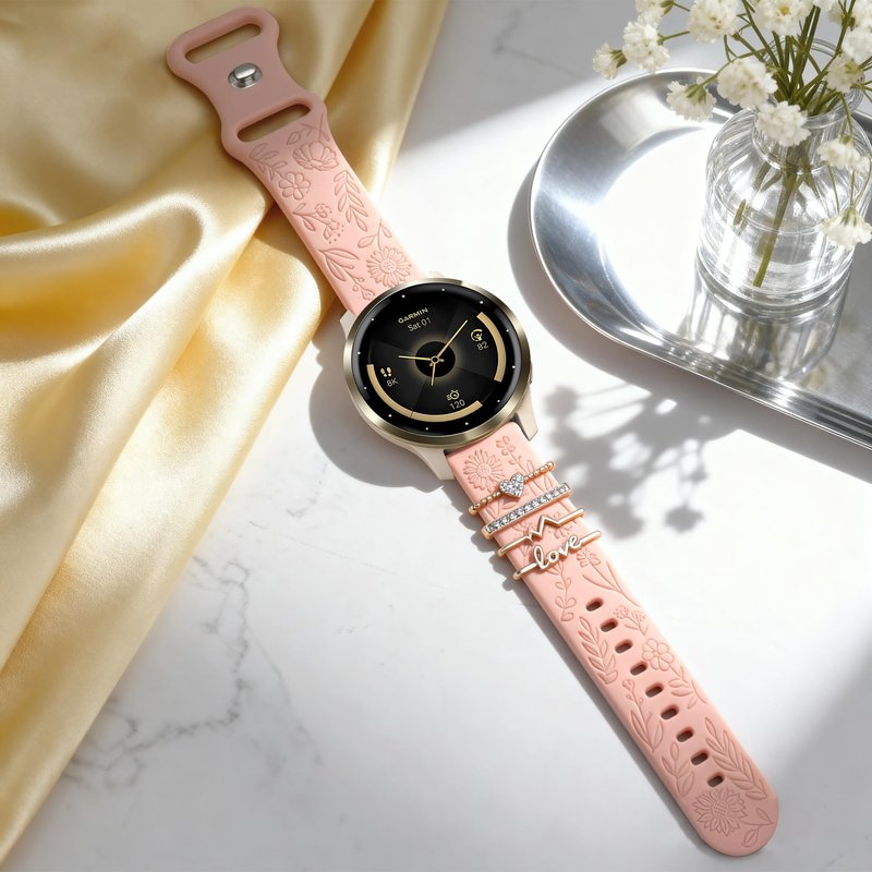HQzon 22mm Flower Engraved Silicone Band Compatible with Garmin Vivoactive 4/Venu 3/Venu 2/Venu 4 45mm, Women Replacement Strap Compatible with Forerunner 265/255/745