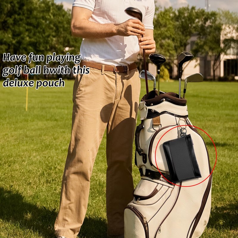 T-carbon Carbon Fiber & Leather Golf Ball Pouch Tee Holder – Golf Accessories Bag with Carabiner Clip, Holds Balls, Tees, Phone & Wallet – Gifts for Golfers Men Women, Black