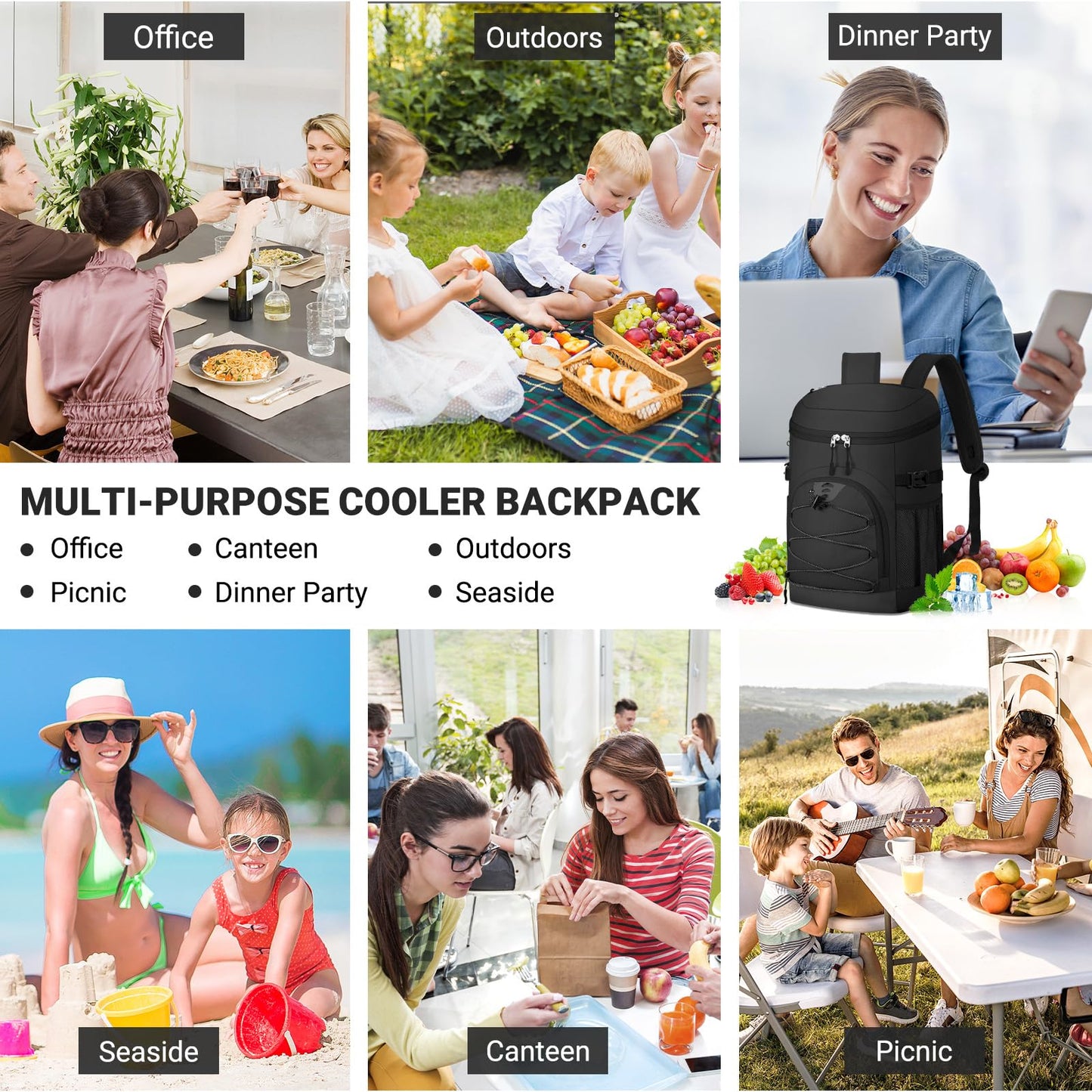 NECKORY Cooler Backpack, Lightweight and Large Capacity Soft Backpack Cooler, Leak Proof Bag for Men Women, Waterproof Insulated Lunch Bag Portable for Camping Traveling Hiking Office (Black)
