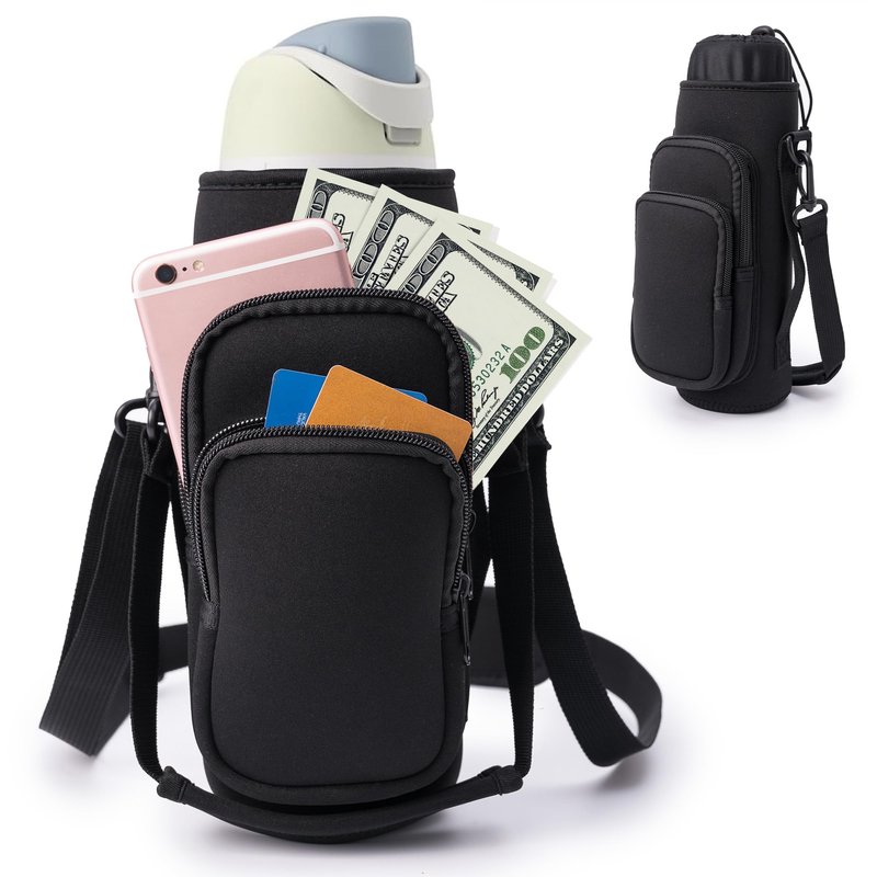 Water Bottle Carrier Bag,Water Bottle Holder with Straps Phone Pockets Fits Stanley IceFlow Owala 16/24/32/40oz Tumbler(Black)