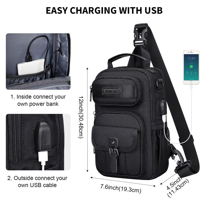 WITZMAN Sling Bag for Men Convertible Travel Sling Backpack USB Charging Port Lightweight Crossbody Bags Casual Daypack（B698 Black）