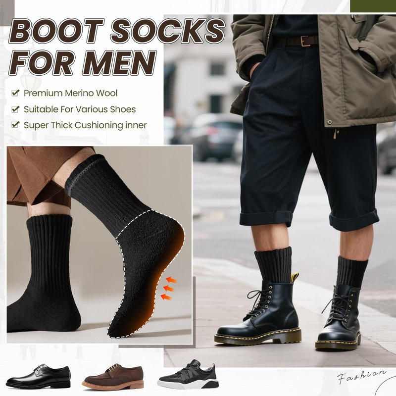 Eyean Men Merino Wool Socks Thermal Hiking Winter Ski Warm Thick Cozy Boot Socks 4 Pairs (Black)