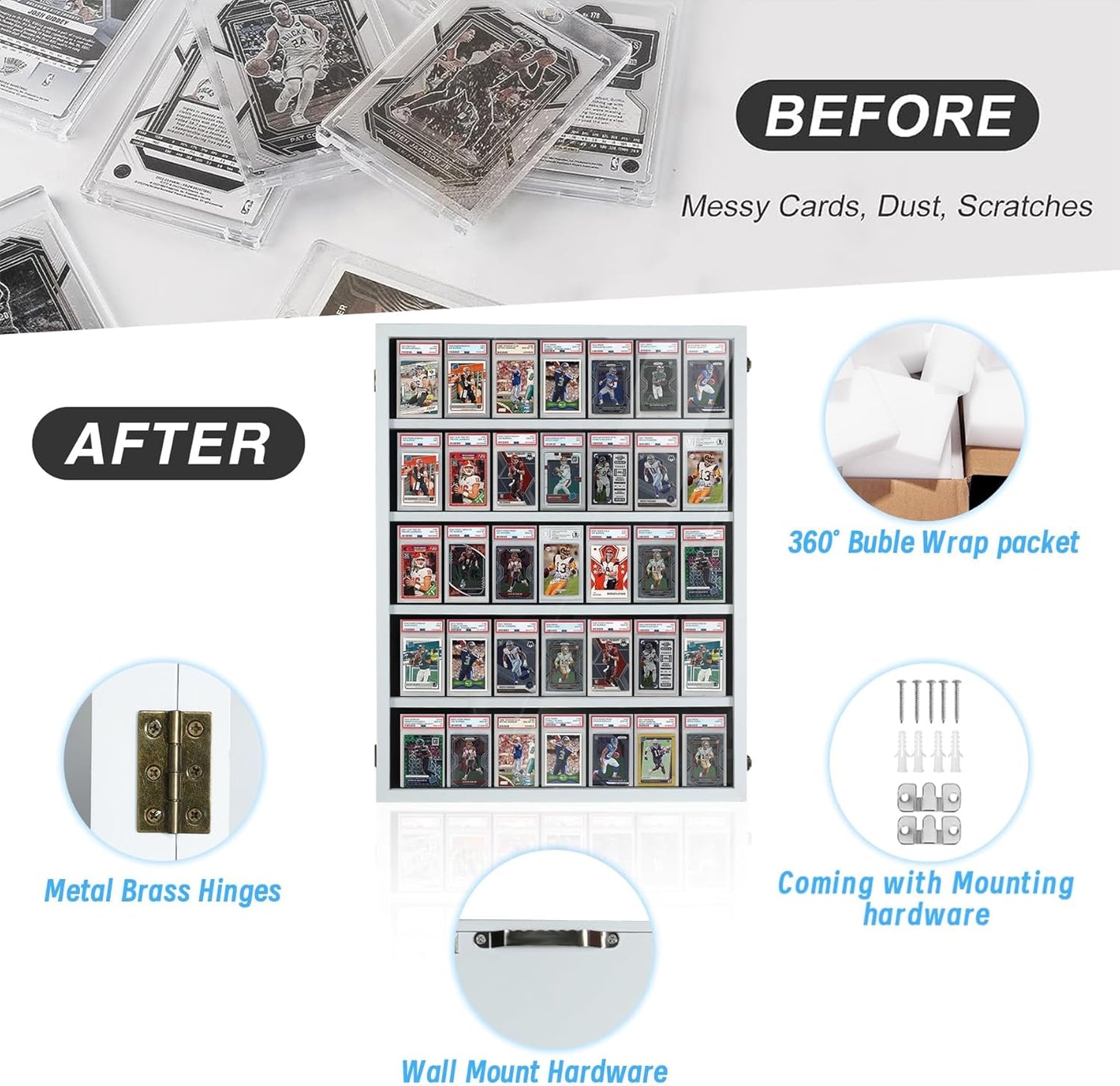 Wooden Sports Card Display Case - Lockable Plexiglass Frame with UV Protection | Holds 35 Graded Football, Baseball & Basketball Cards - White