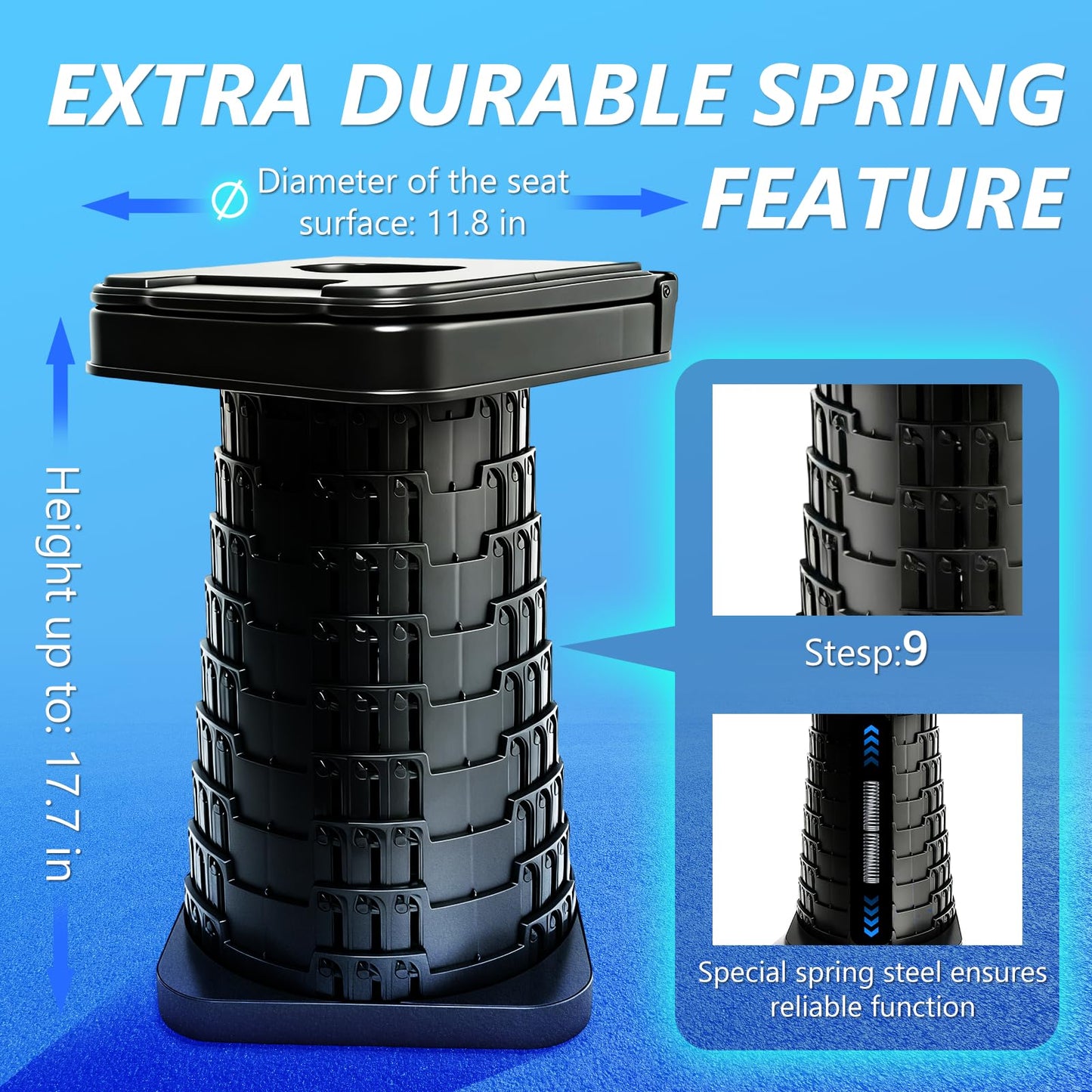 graxie Upgraded Collapsible Stool with Backrest, Portable Telescopic Seat with Carry Bag, Square Folding Stool for Camping Gardening Fishing Hiking BBQ, Max Load Capacity 550lbs