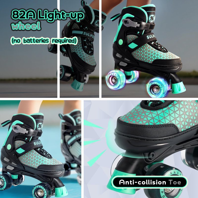 SULIFEEL 4 Sizes Adjustable Roller Skates for Kids, Quad Skates with Light up Wheels, Safe Fun Children Big Kids Skates for Ages 5-8, Best Gift for Beginners Outdoor Skates Sports (Mint Green, Medium)