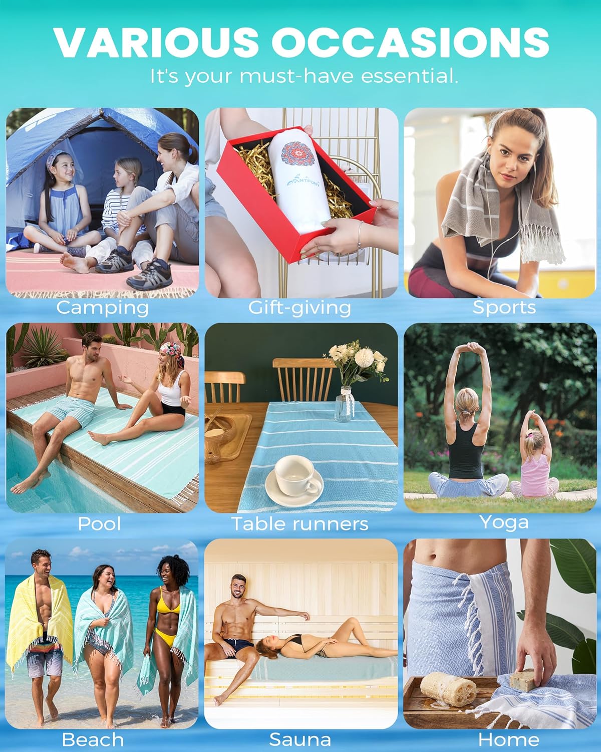 Turkish Beach Towels - 8 Pack Quick Dry, Sand-Free Oversized XL Bath & Pool Towels | Travel Accessories