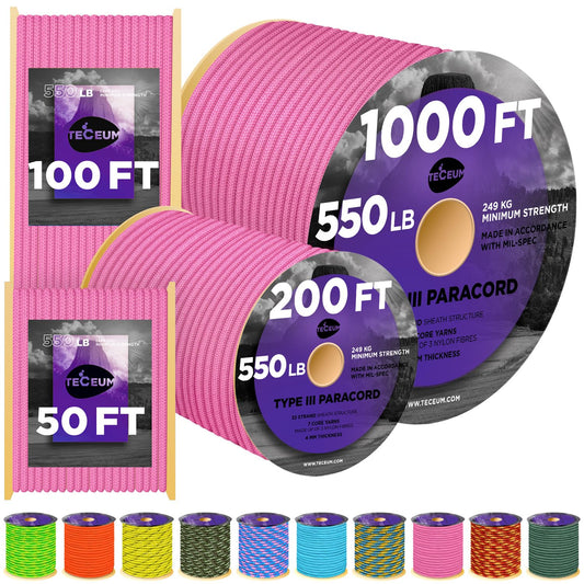 TECEUM Paracord Type III 550 Pink – 50 ft – 4mm – Tactical Rope MIL-SPEC – Outdoor para Cord –Camping Hiking Fishing Gear and Equipment – EDC Parachute Cord – Strong Survival Rope 09gd