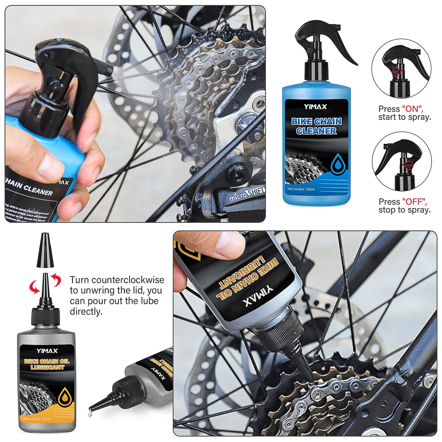 YIMAX Bike Chain Cleaner Set, Bike Cleaners Bicycle Cleaning Kit 100ML Chain Lube and 300ML Cleaning Spray, Bike Cleaner Kit with Brushes Cycling Maintenance, Suitable for All Types of Bike