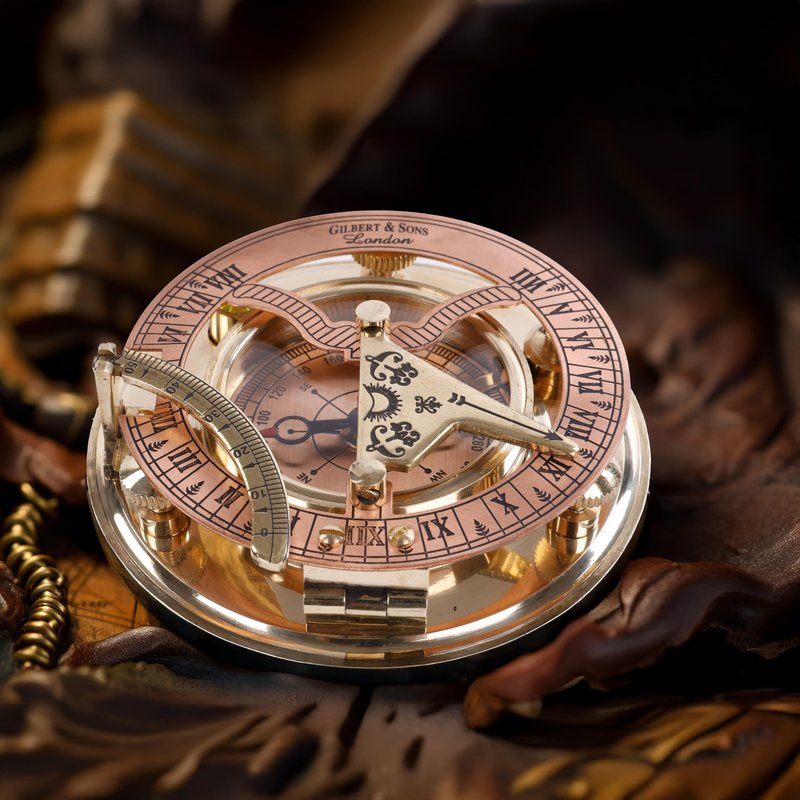 Brass Sundial Compass in Leather Case – Unique Nautical Gifts for Men, Antique Sailing Anniversary Gadget, Maritime Pocket Watch Clock, Nautical Decor for Him