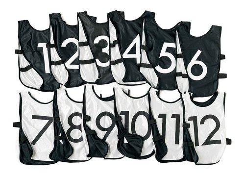 LVL10 Pro Sports Pinnies - Reversible Numbered Pinnies with Premium Fabric, Comfortable Fit and Fade-Resistant Print - Adults Kids (Youth Medium, 12 pack (1-12), Black/White)