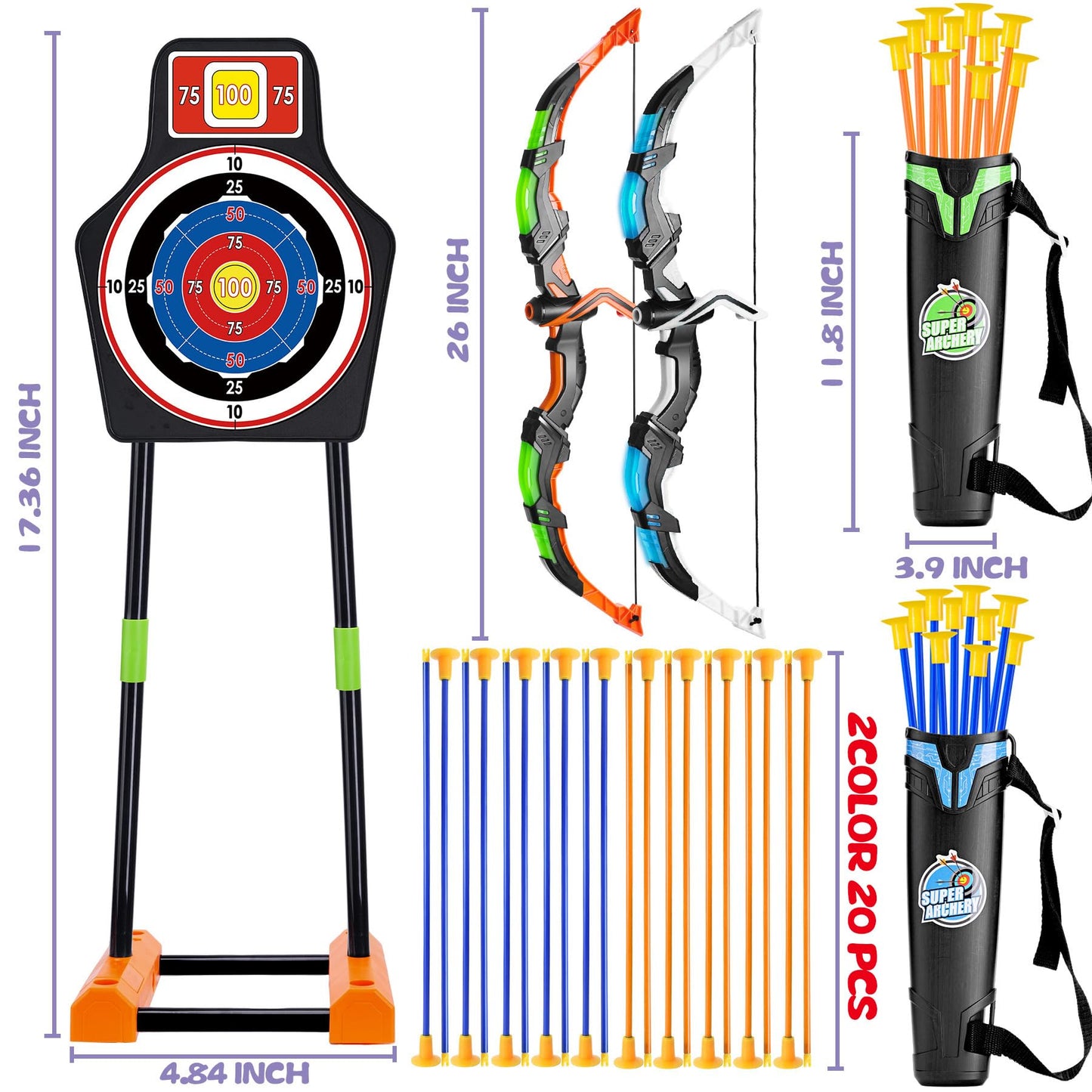 2 Pack Bow and Arrow Set with Moving Standing Target& 2 Colors 20 Suction Cup Arrows, Light Up Archery Toys for Kids age 4-12 Years Old Boys Girls Indoor and Outdoor, Birthday Gifts Christmas ideas